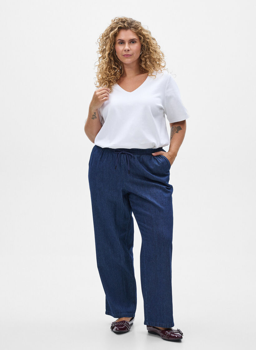 Jeans met rechte pasvorm en elastische taille, Blauw, Model image number 0