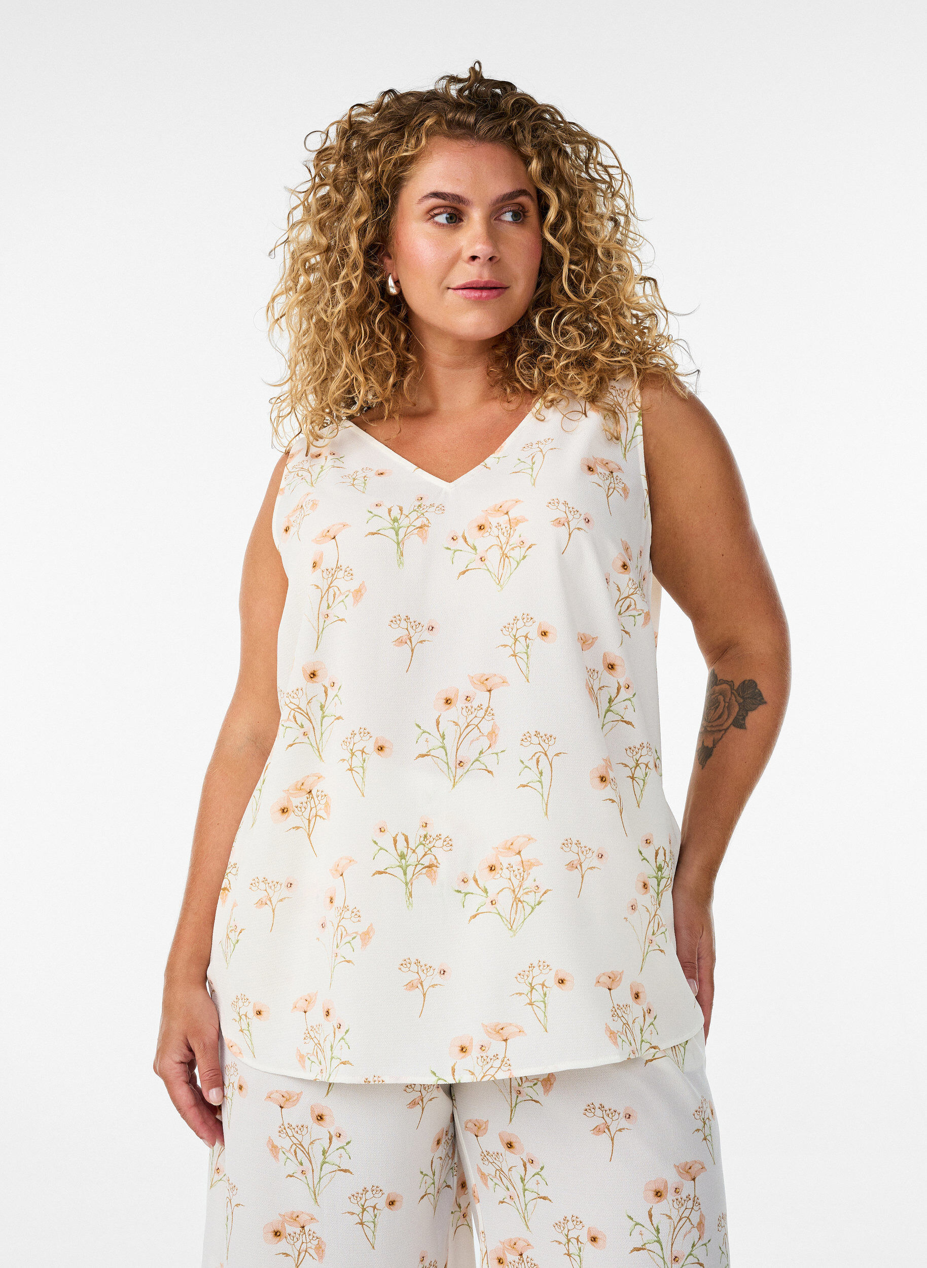 Top met print en V-hals, Wit, Model