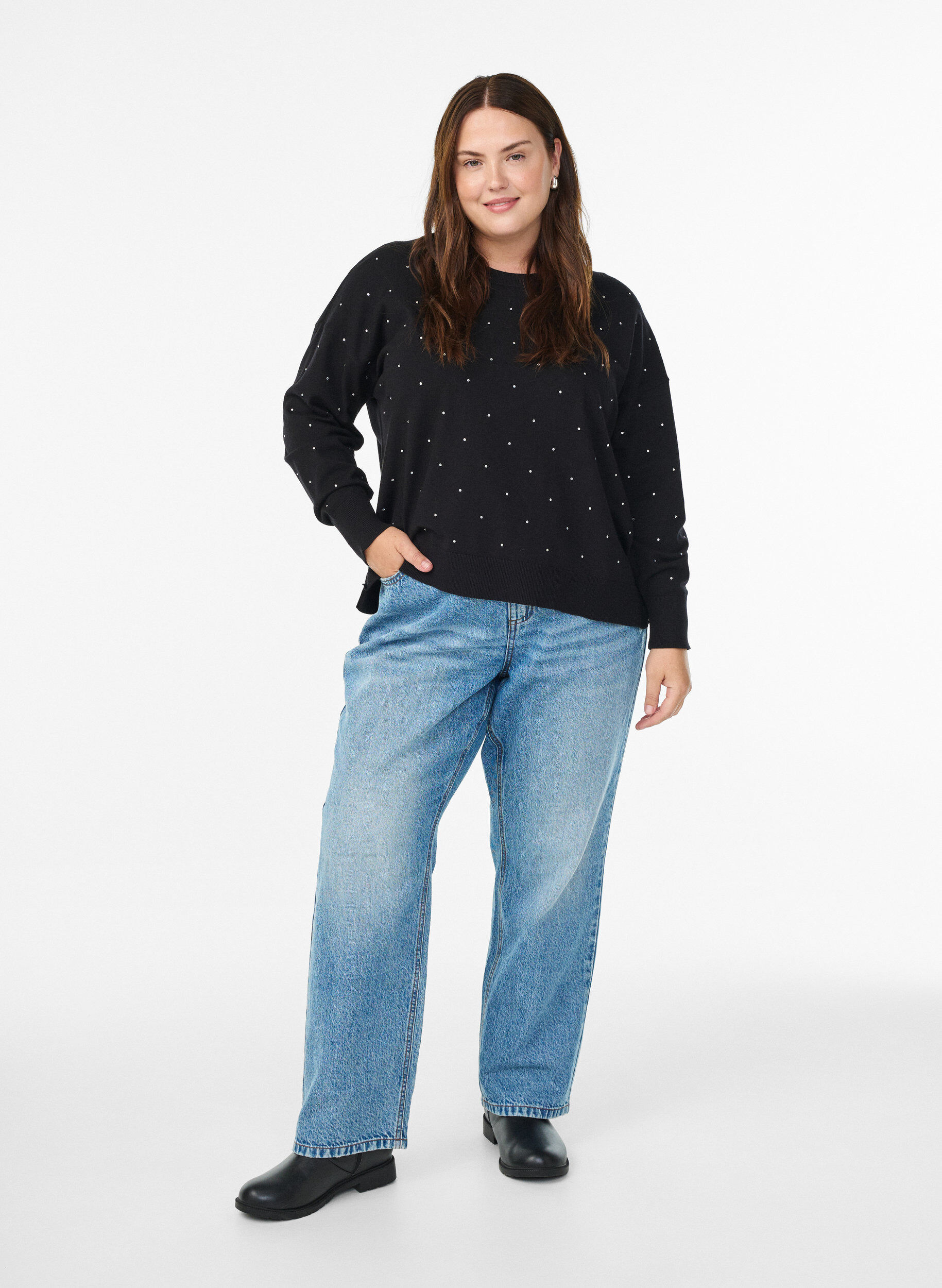 ZizziLosse breisel blouse met rhinestones, Zwart, Model image number 1