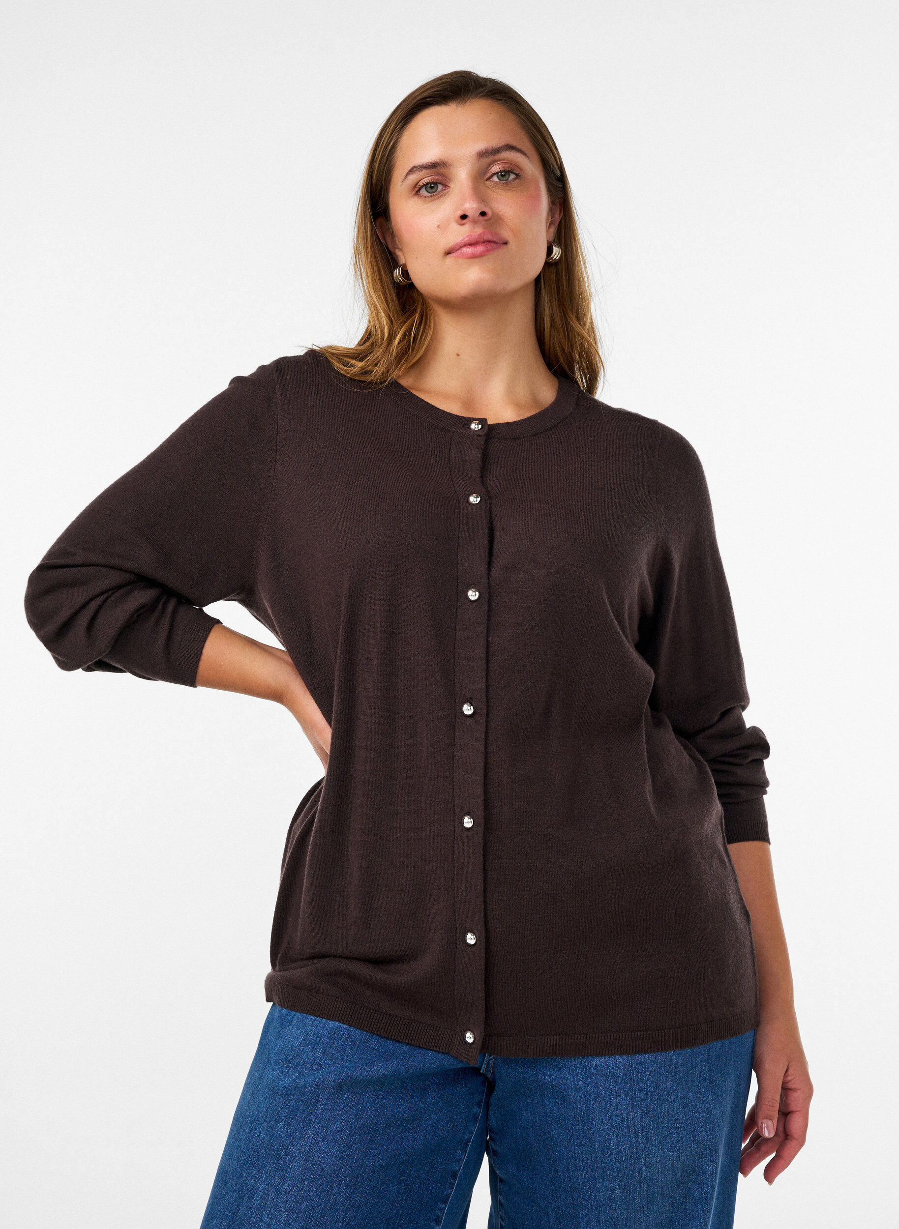 Cardigan met ronde knopen, Bruin, Model