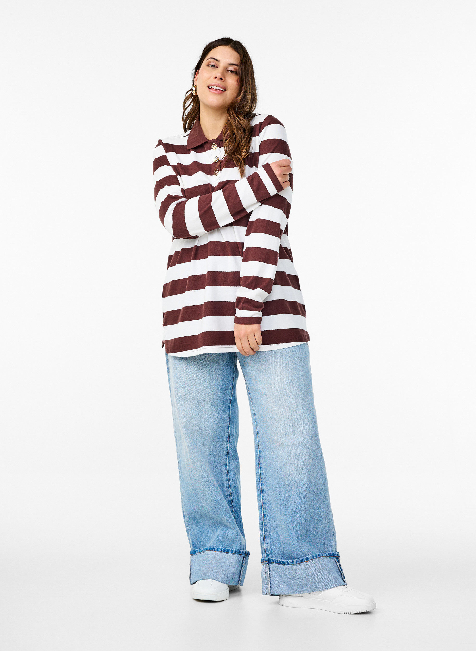 ZizziGestreepte polo met lange mouwen, Donker Bordeaux, Model image number 1