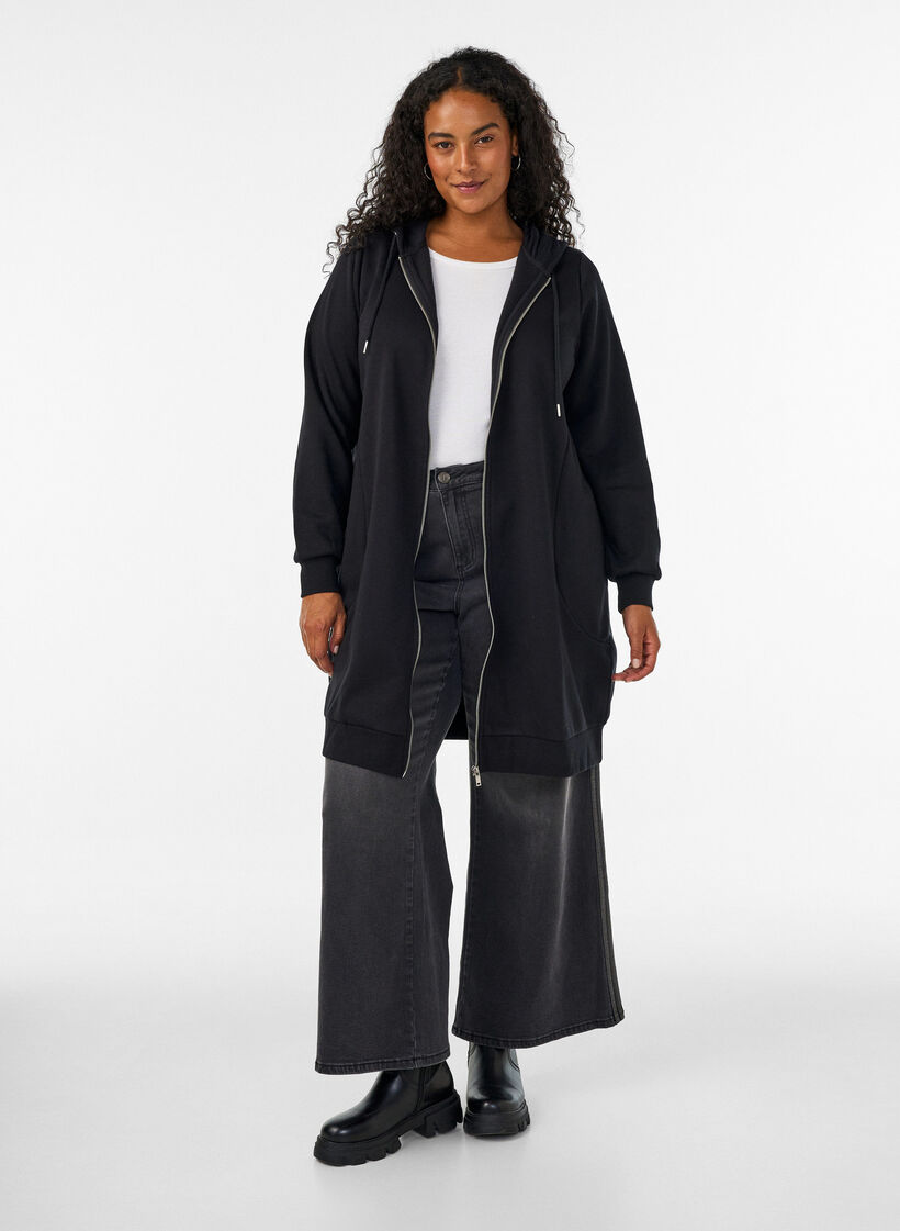 Lange hoodie met ritssluiting en zakken, Zwart, Model image number 1