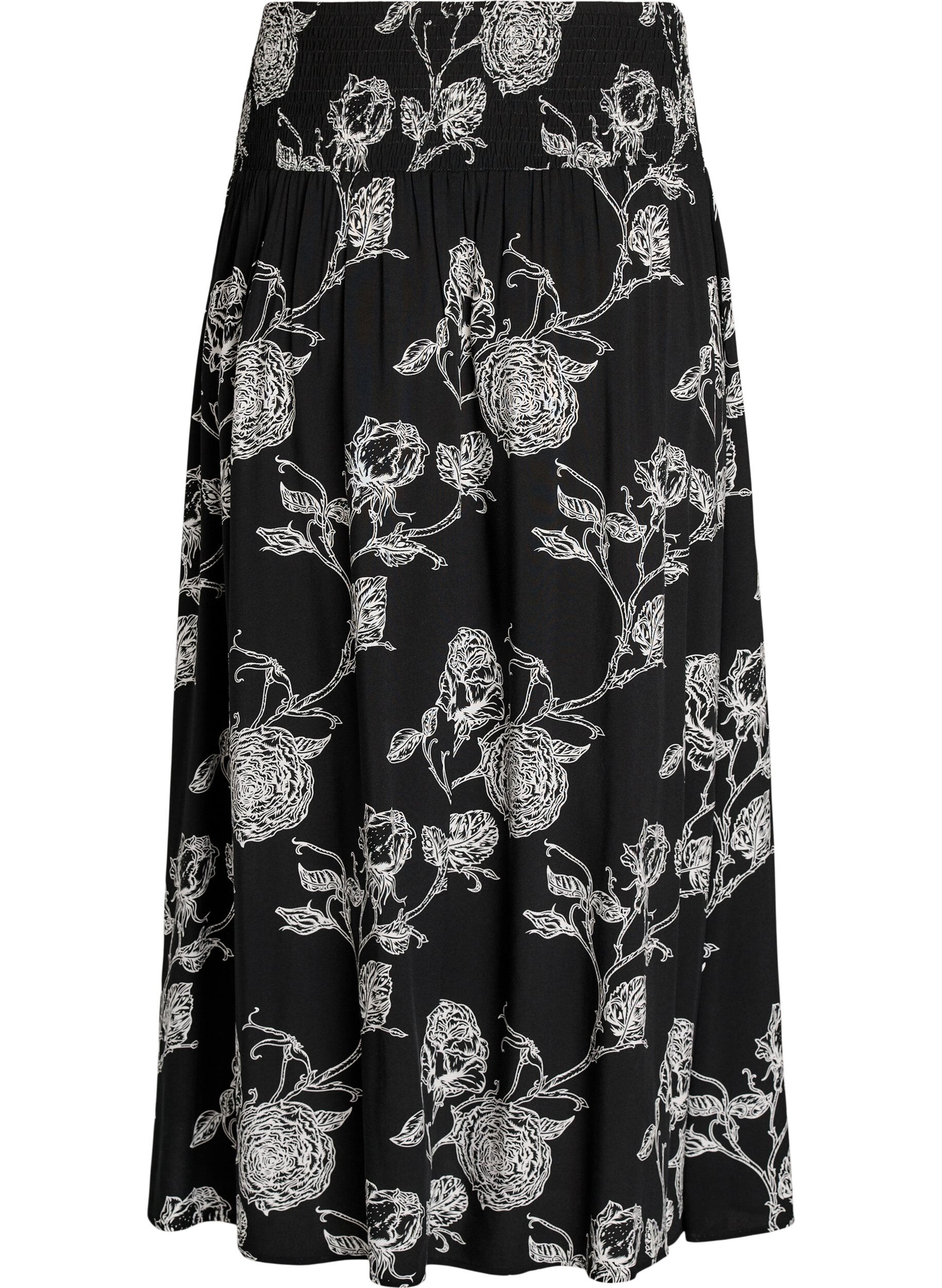 Zizzi Jupe longue en viscose avec smocks, Noir, Packshot image number 1