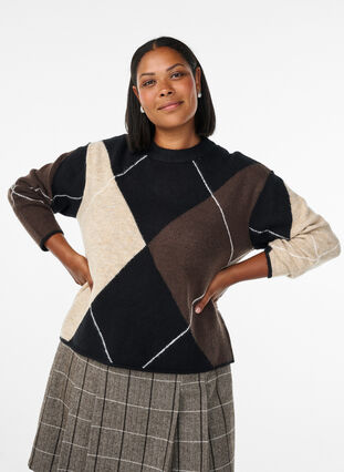 ZizziTrui met grote ruiten en contrasterende mouwen, Black Comb, Model image number 0
