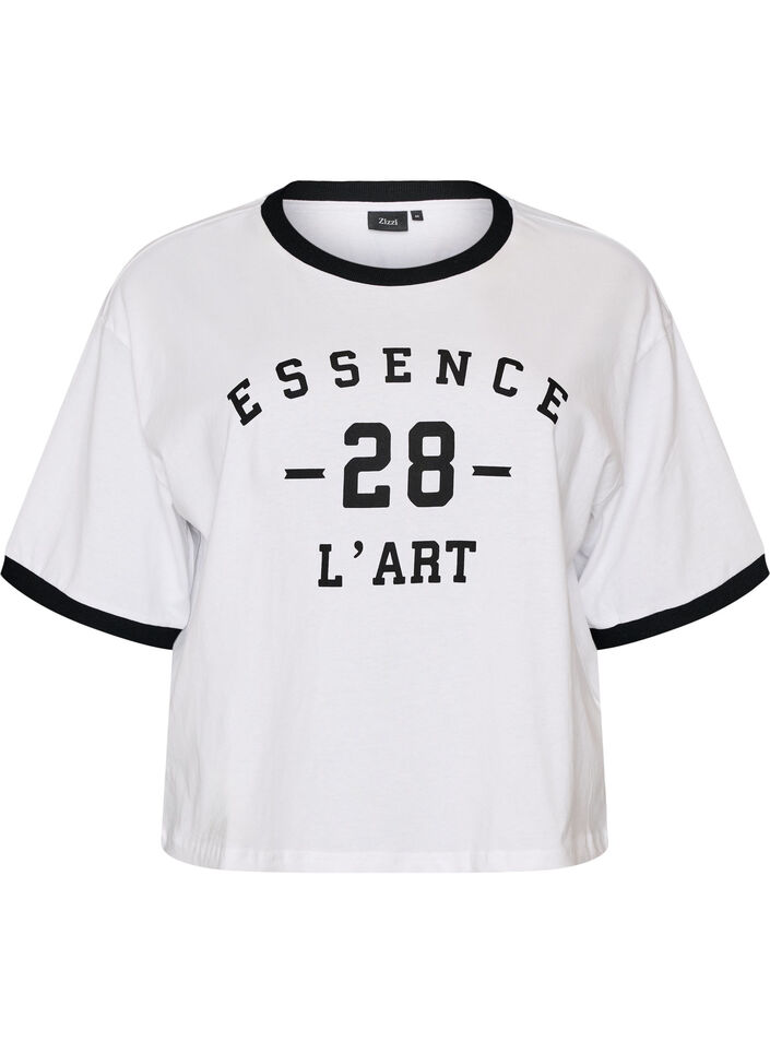 T-shirt en coton avec imprim&eacute; texte et coupe boxy, Blanc, Packshot image number 0