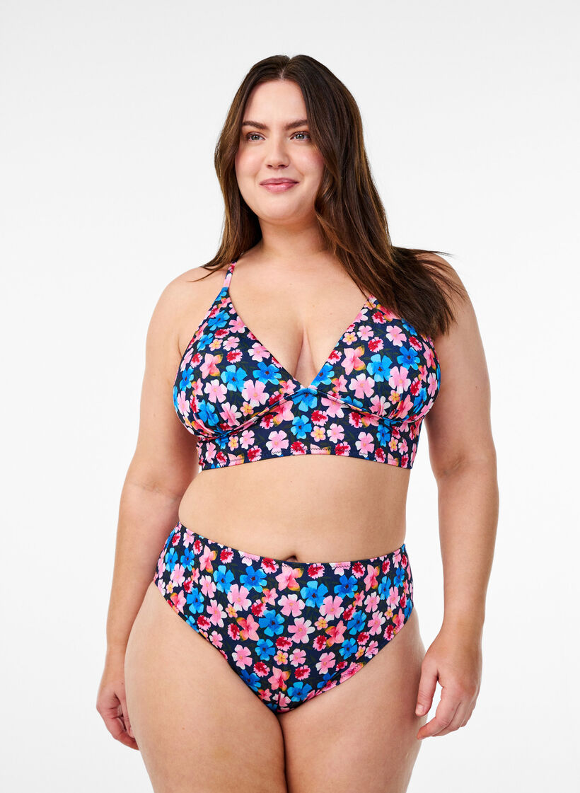 Bloemenbikini top met striksluiting aan de achterkant, Rood, Model image number 1