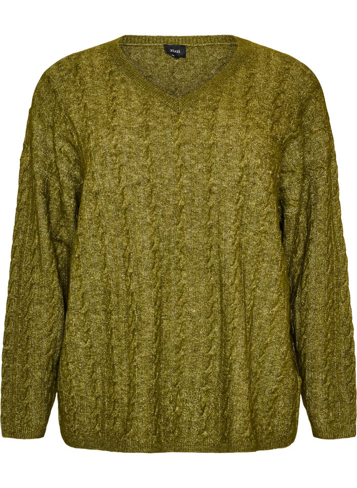 Gebreide blouse met kabelpatroon en V-hals, Groen, Packshot image number 0
