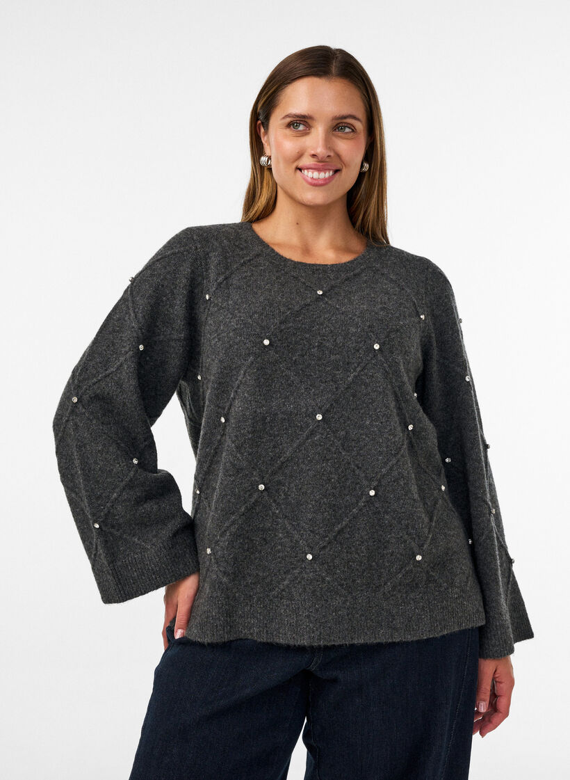 Gebreide blouse met strassteentjes en ruitpatroon, Grijs, Model image number 0