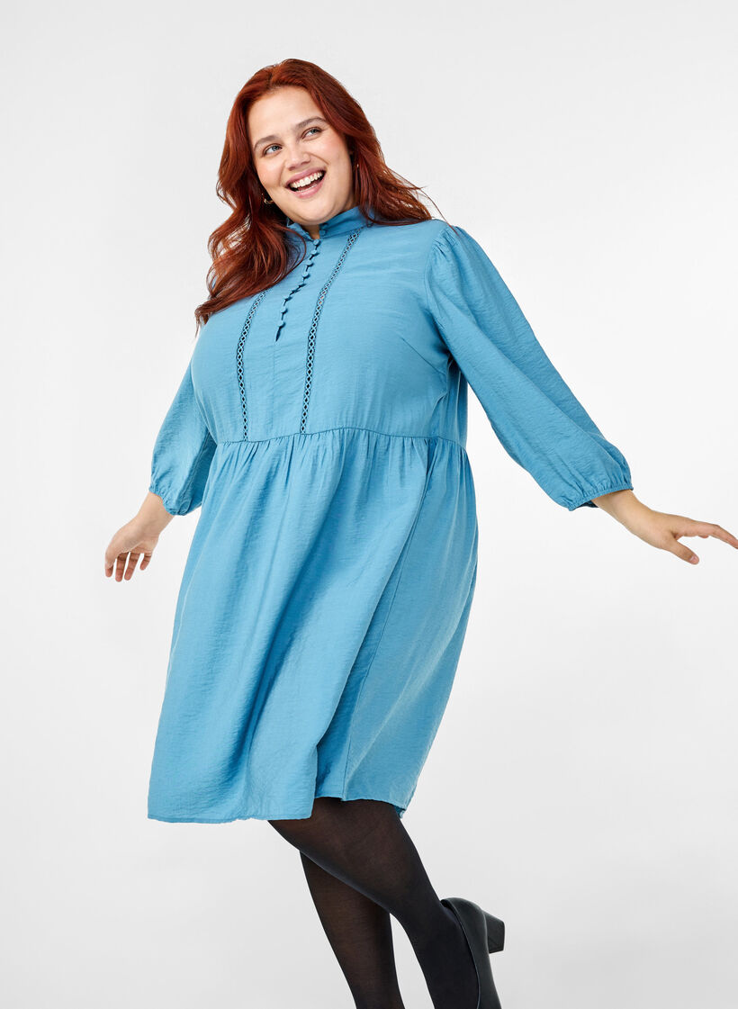 Knielange jurk met borduursel en 3/4 mouwen, Blue Heaven, Image image number 0