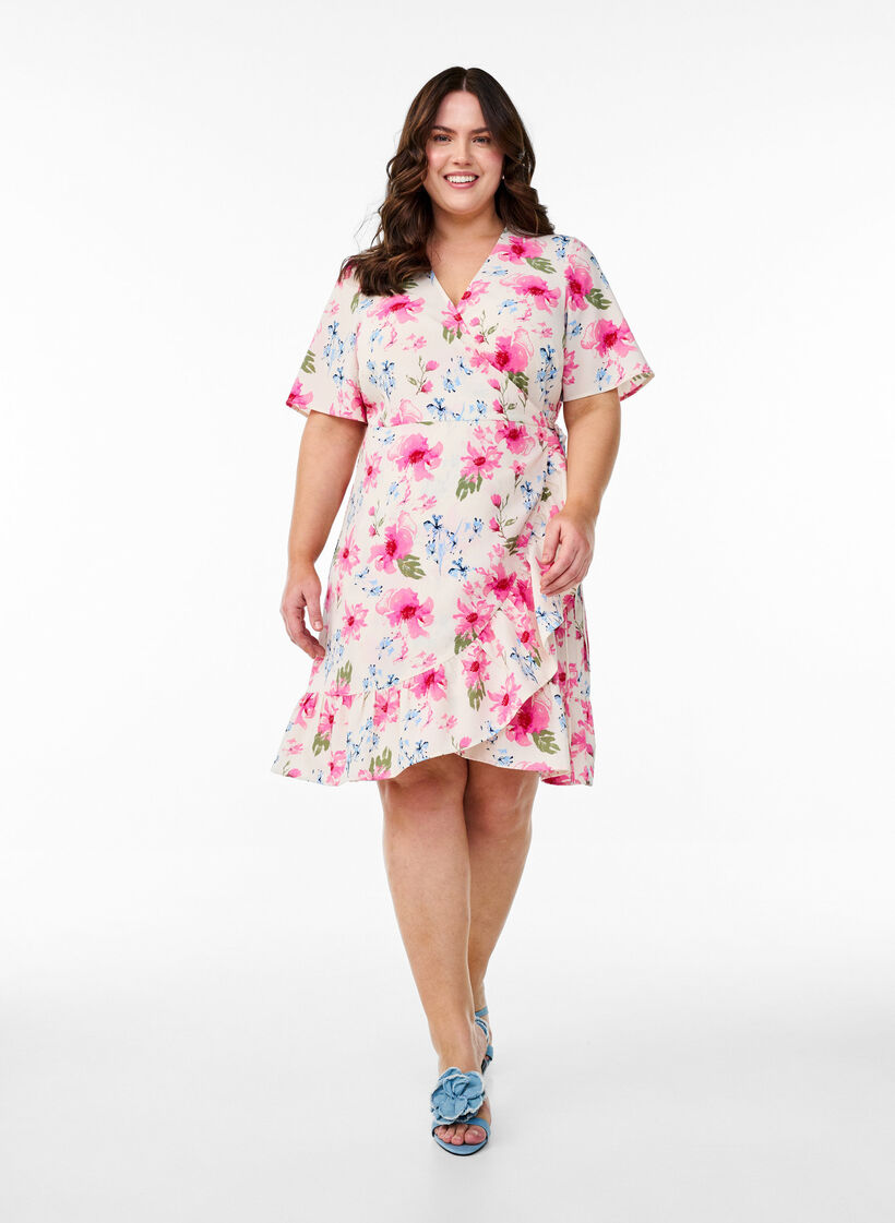 Robe portefeuille &agrave; fleurs et manches courtes, Blanc, Model image number 1