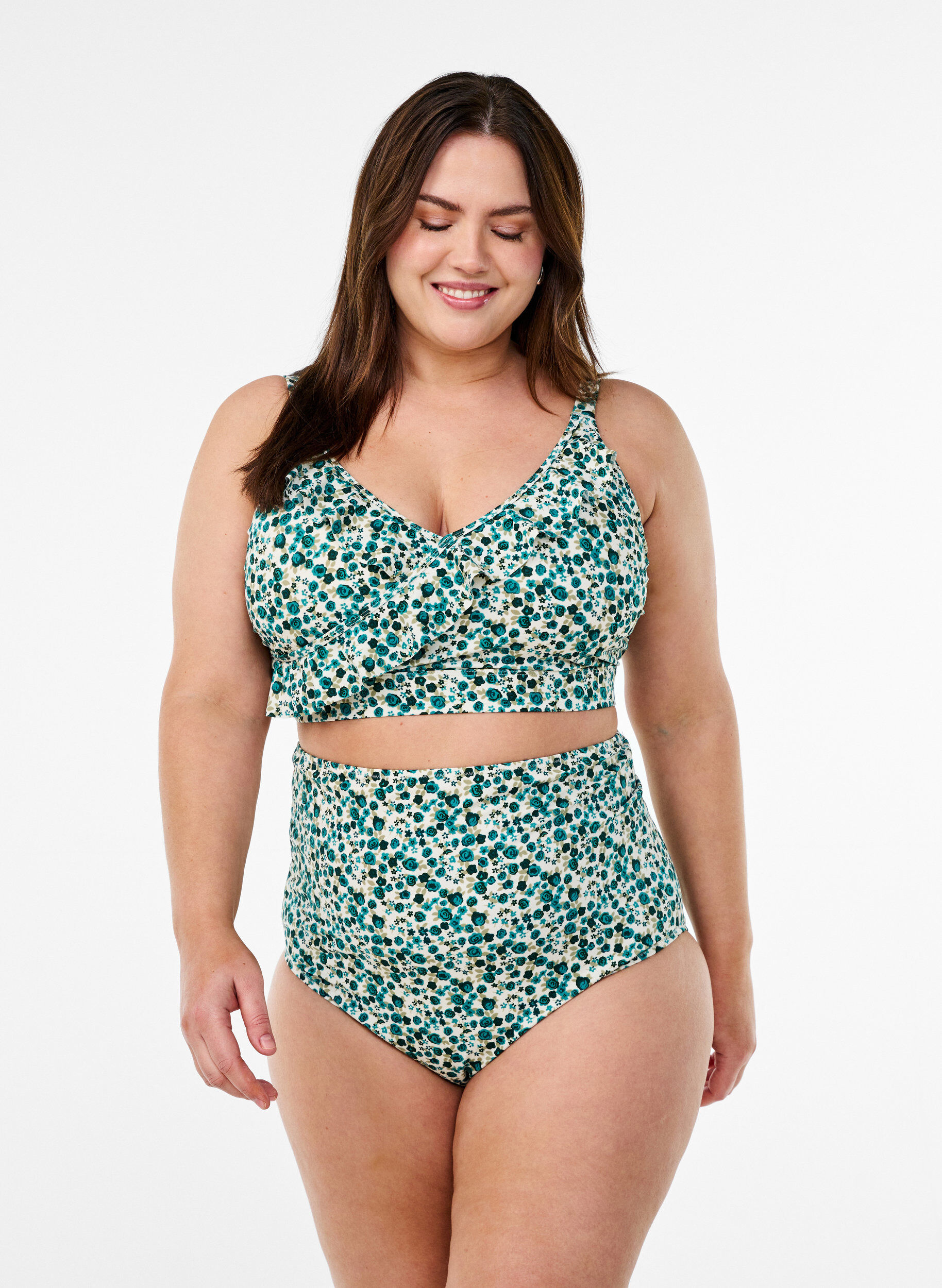ZizziBloemen bikinitop met ruches, Groen, Model image number 1