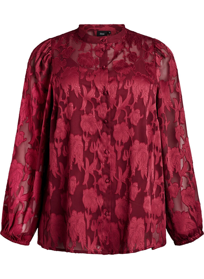 Blouse met knoopjes en bloemenpatroon, Donker Bordeaux, Packshot image number 0