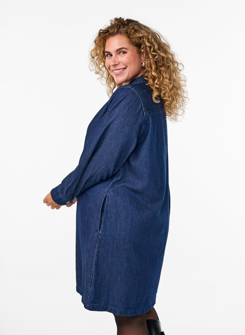 Korte denim jurk met een V-hals en kraag, Dark Blue Denim, Model