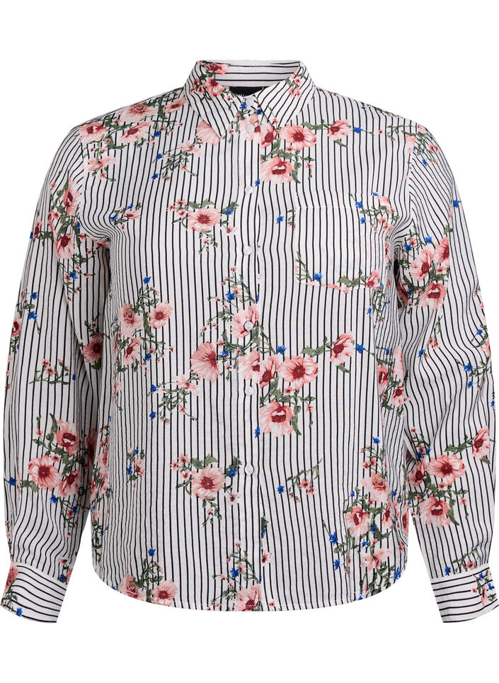 Shirt met bloemenprint en smalle strepen, Black Striped AOP, Packshot