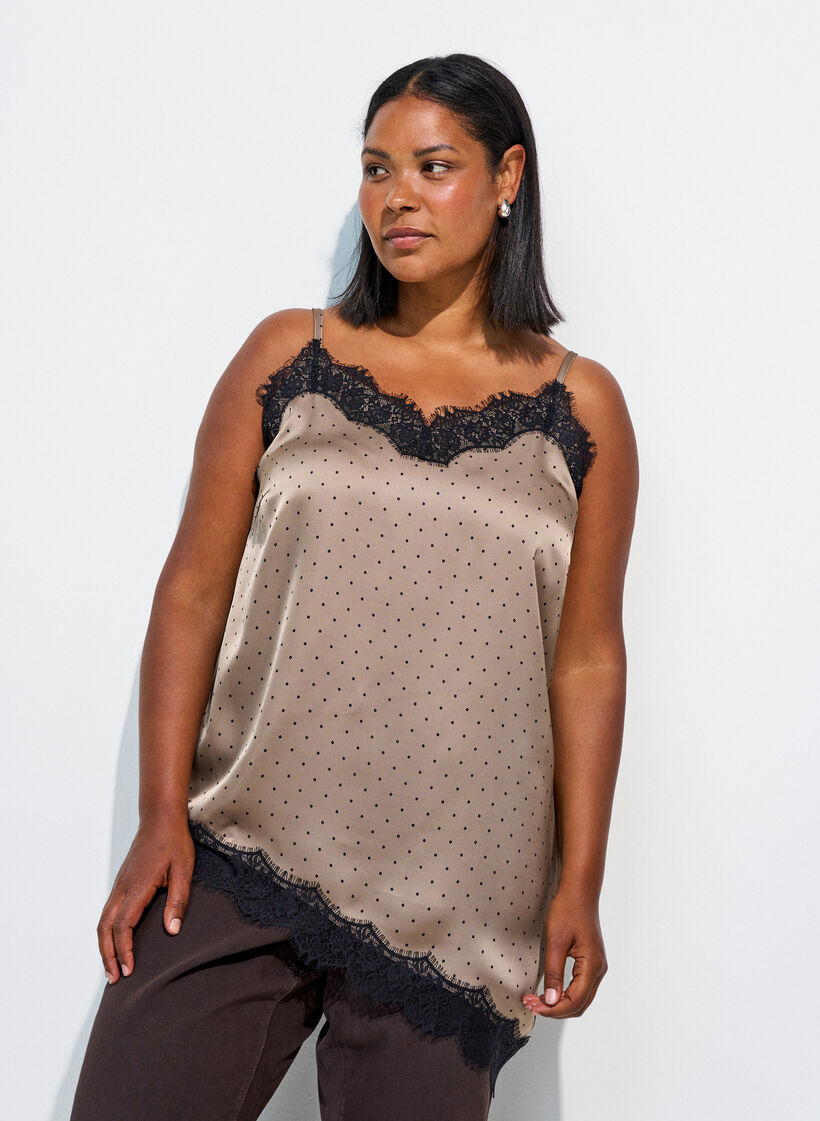 Top &agrave; fines bretelles avec dentelle et ourlet asym&eacute;trique, Beige, Model image number 0