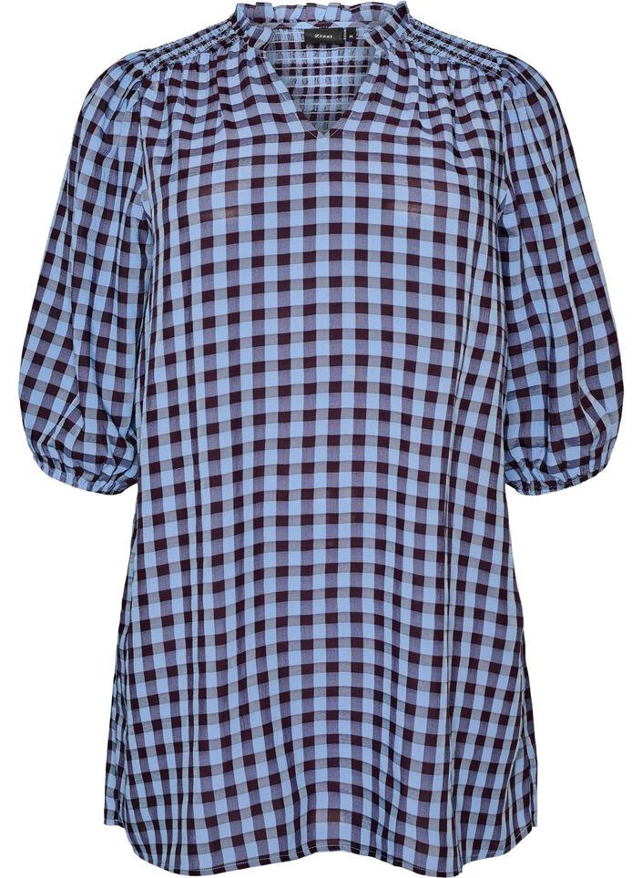 Tunic met ginghamruit en ruchekraag, Blauw, Packshot image number 0