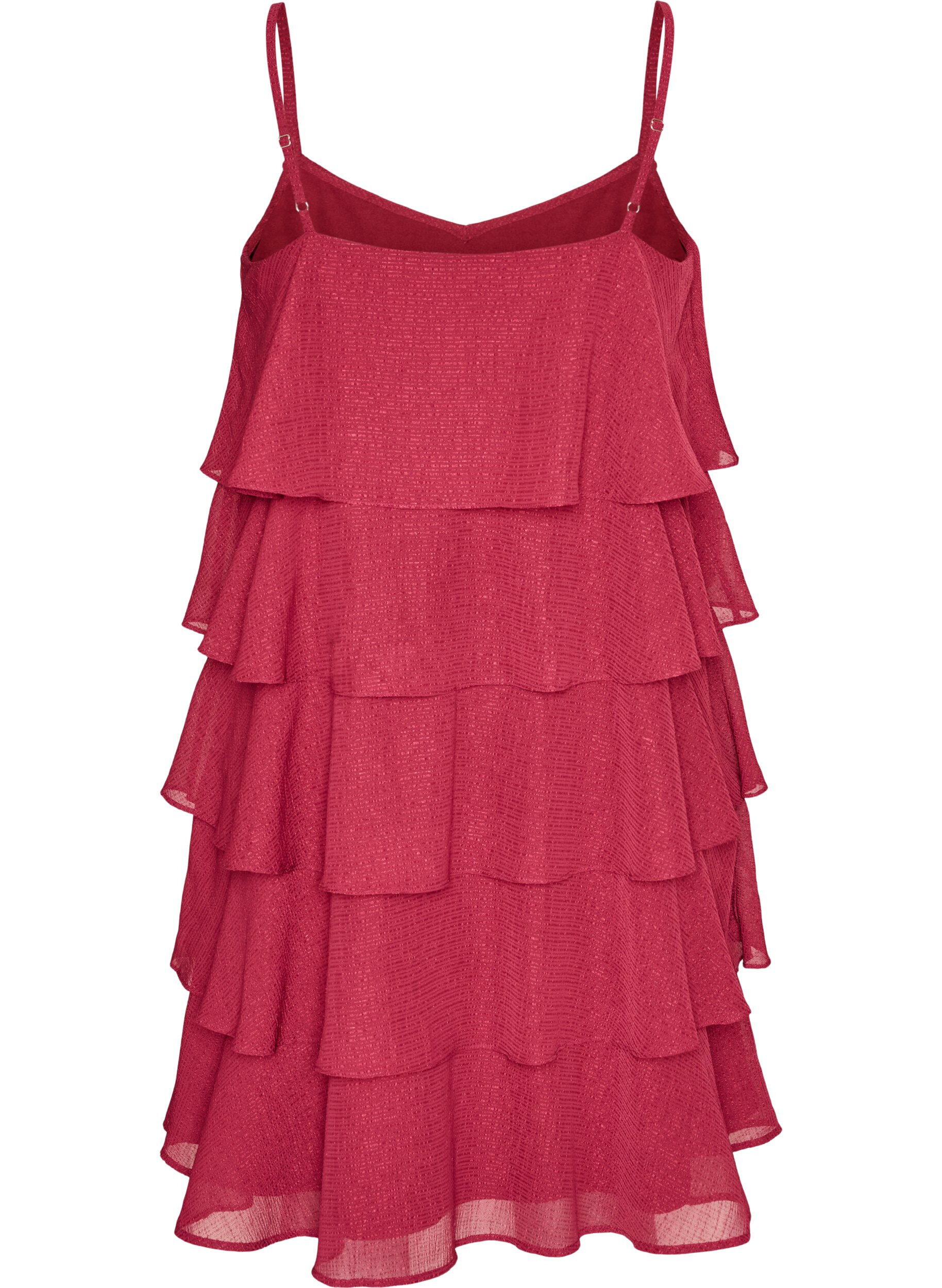 ZizziGelaagde jurk met ruches en spaghettibandjes, Rood, Packshot image number 1