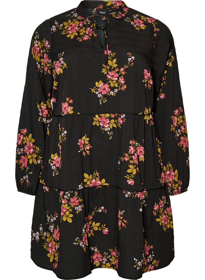 Jurk met bloemenprint en striksluiting, Zwart, Packshot image number 0