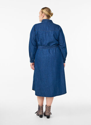 ZizziHalflange denim jurk met strikceintuur, Dark Blue Denim, Model image number 1