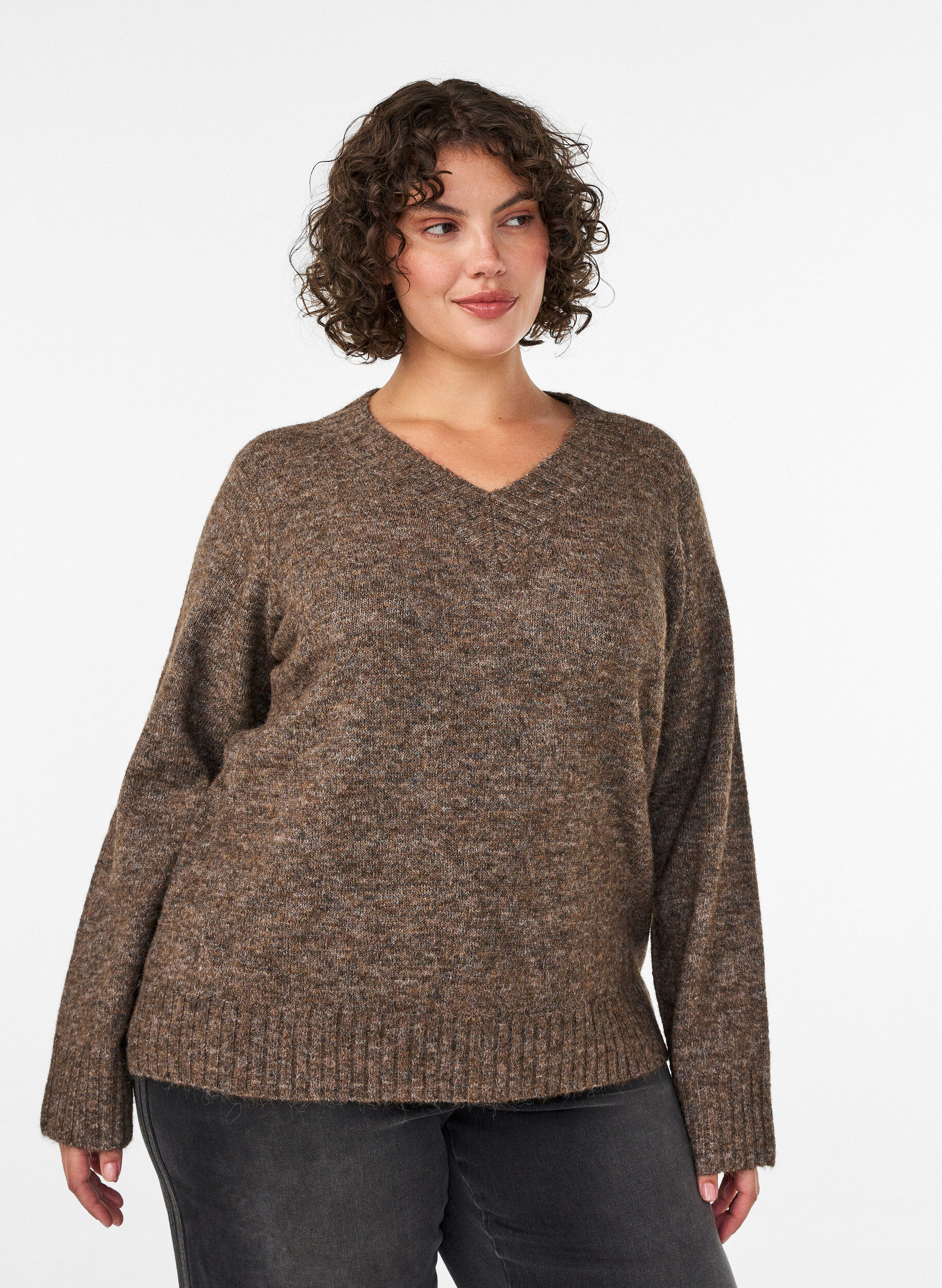 ZizziJumper met V-hals, Bruin, Model image number 0