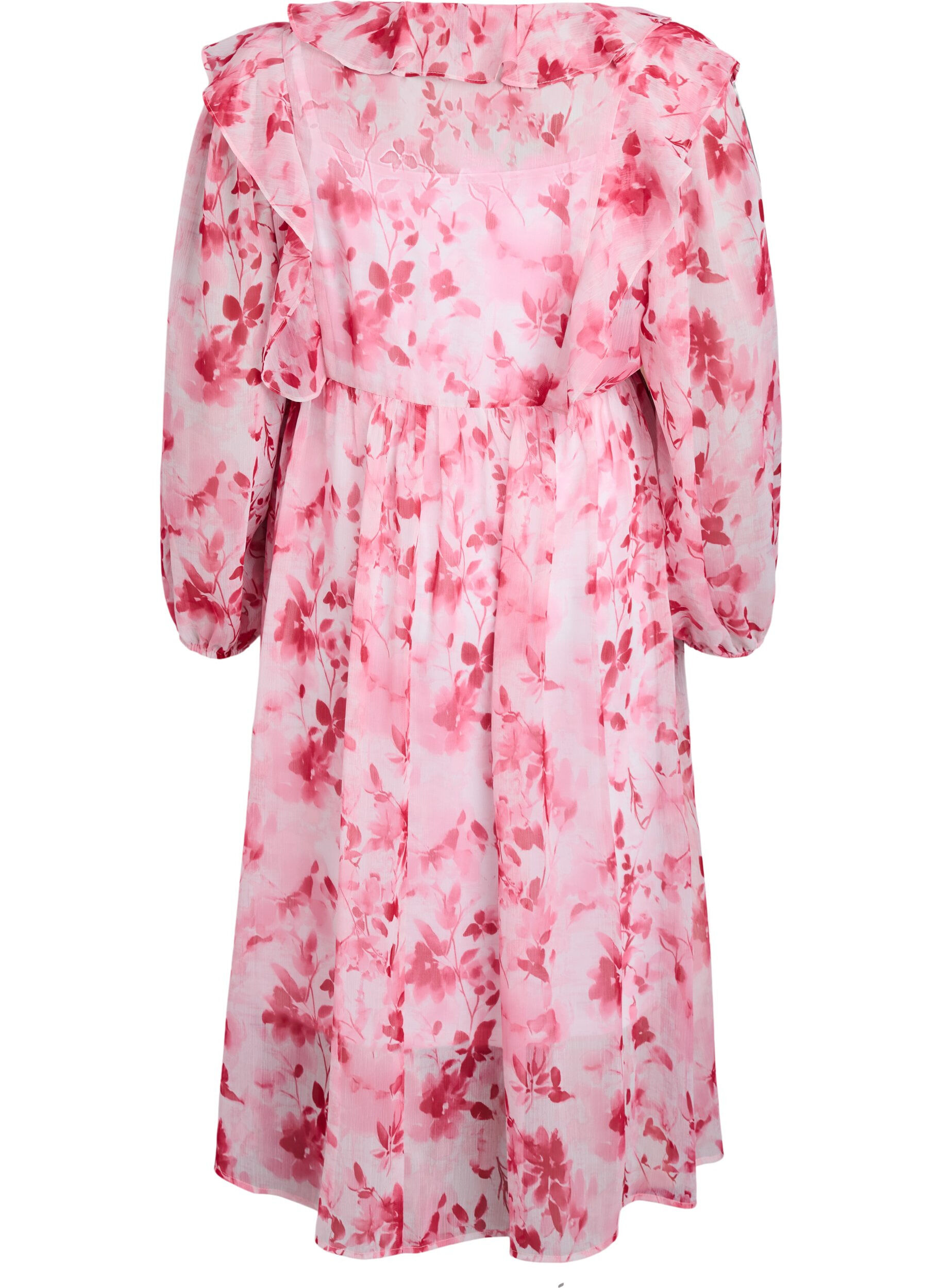 Zizzi Robe en chiffon fleuri avec volants et manches longues, Rose, Packshot image number 1