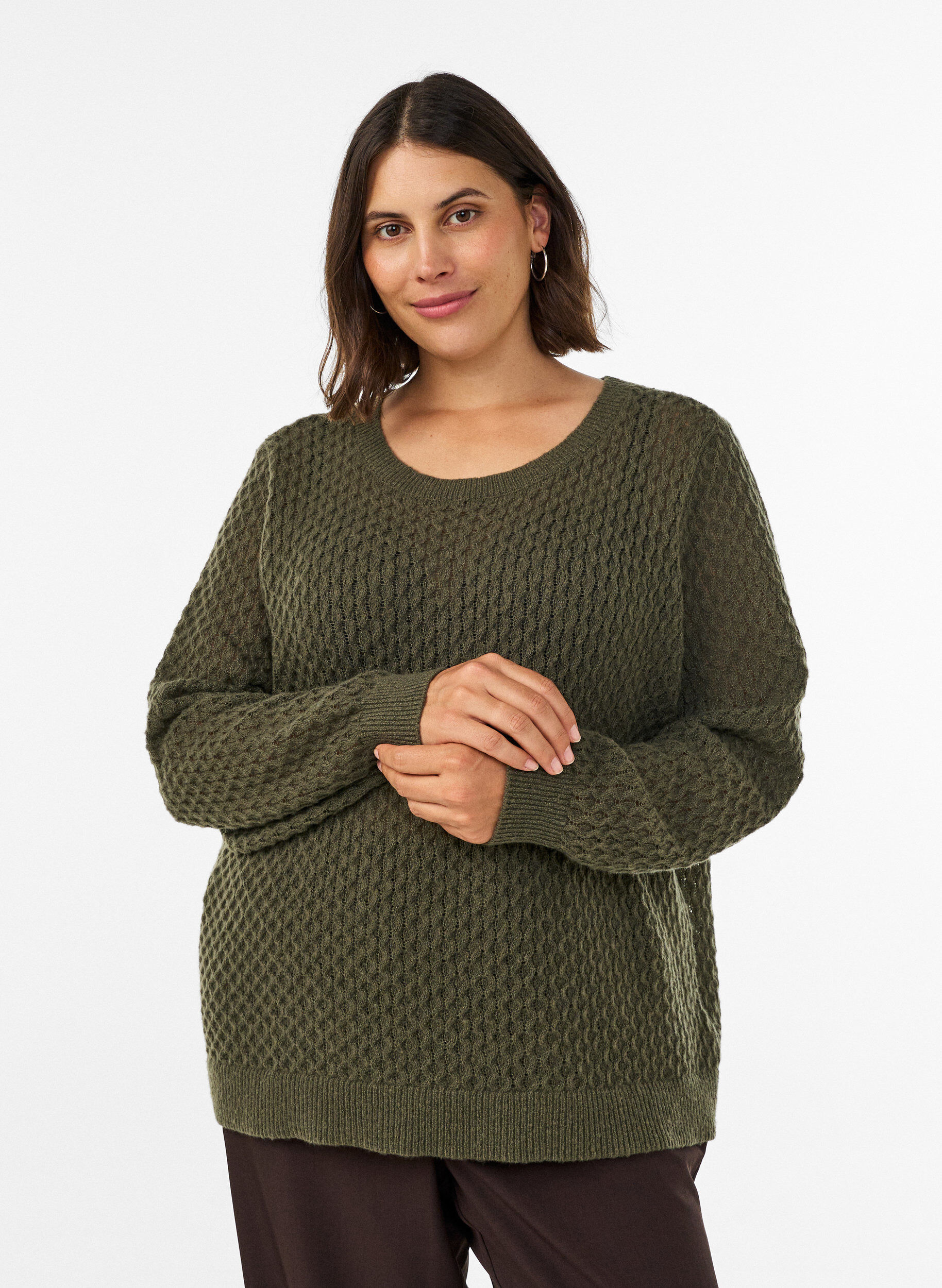 Gebreide blouse met een opengewerkt structuurpatroon, Groen, Model