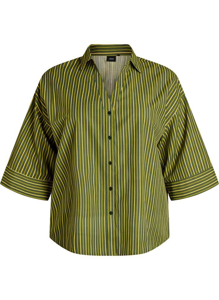 Losse gestreepte shirt met 3/4 mouwen, Groen, Packshot image number 0