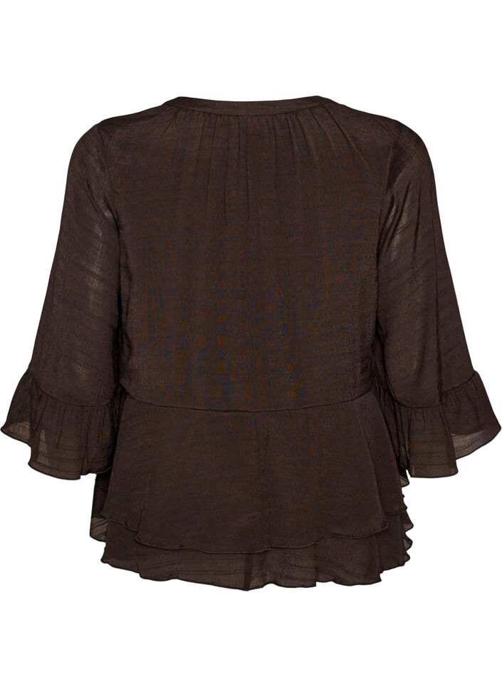 Blouse met 3/4-mouwen en ruchesdetails, Bruin, Packshot image number 1