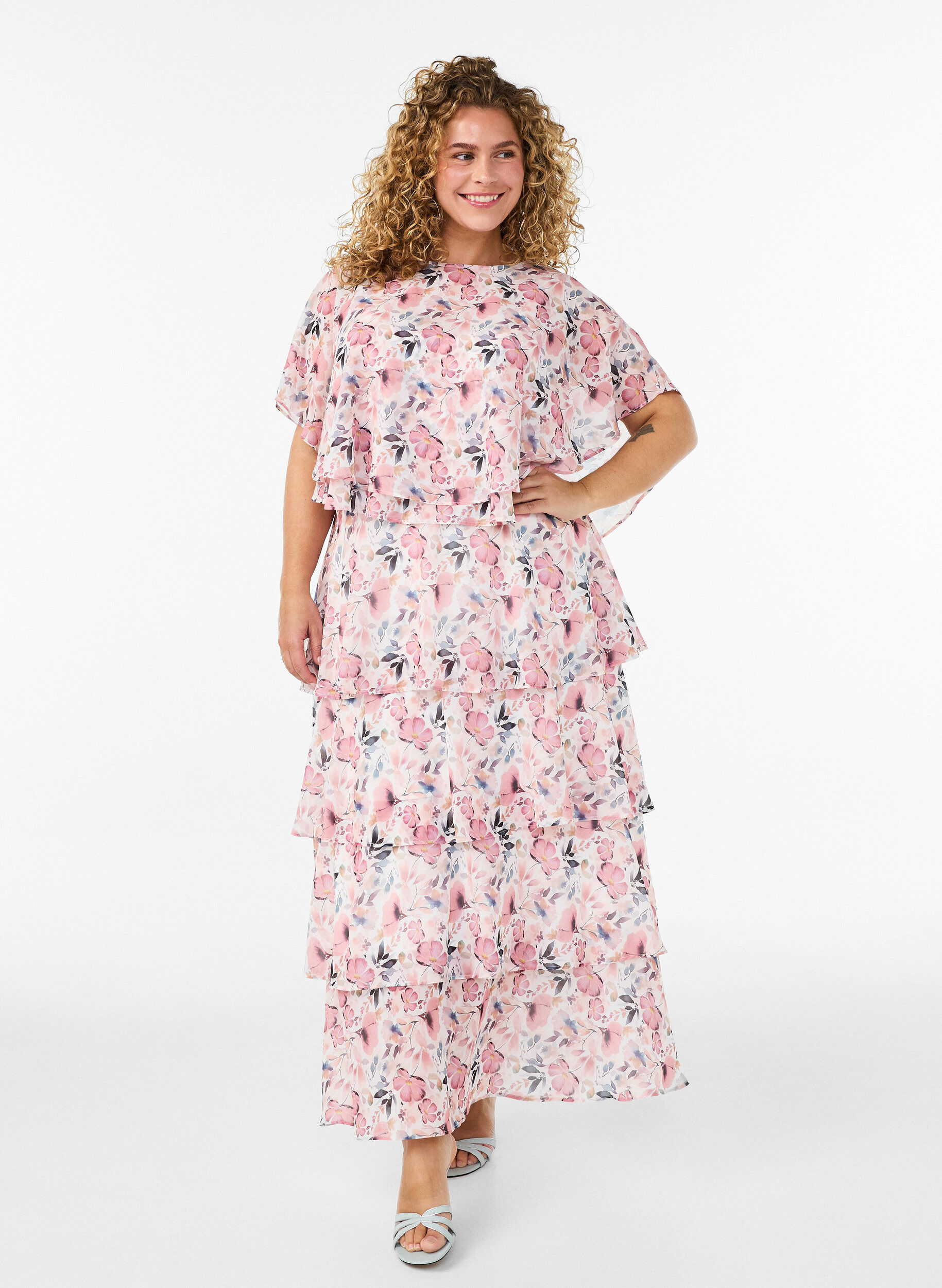 Maxi jurk met ruches en afneembare cape, Wit, Model