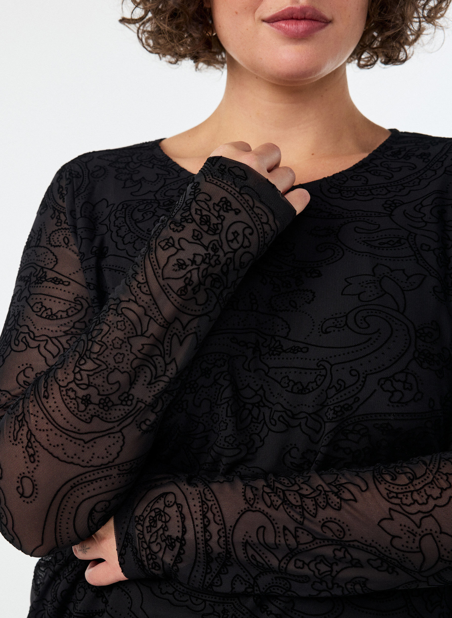 ZizziMesh blouse met paisleyprint en asymmetrische zoom, Zwart, Model image number 3