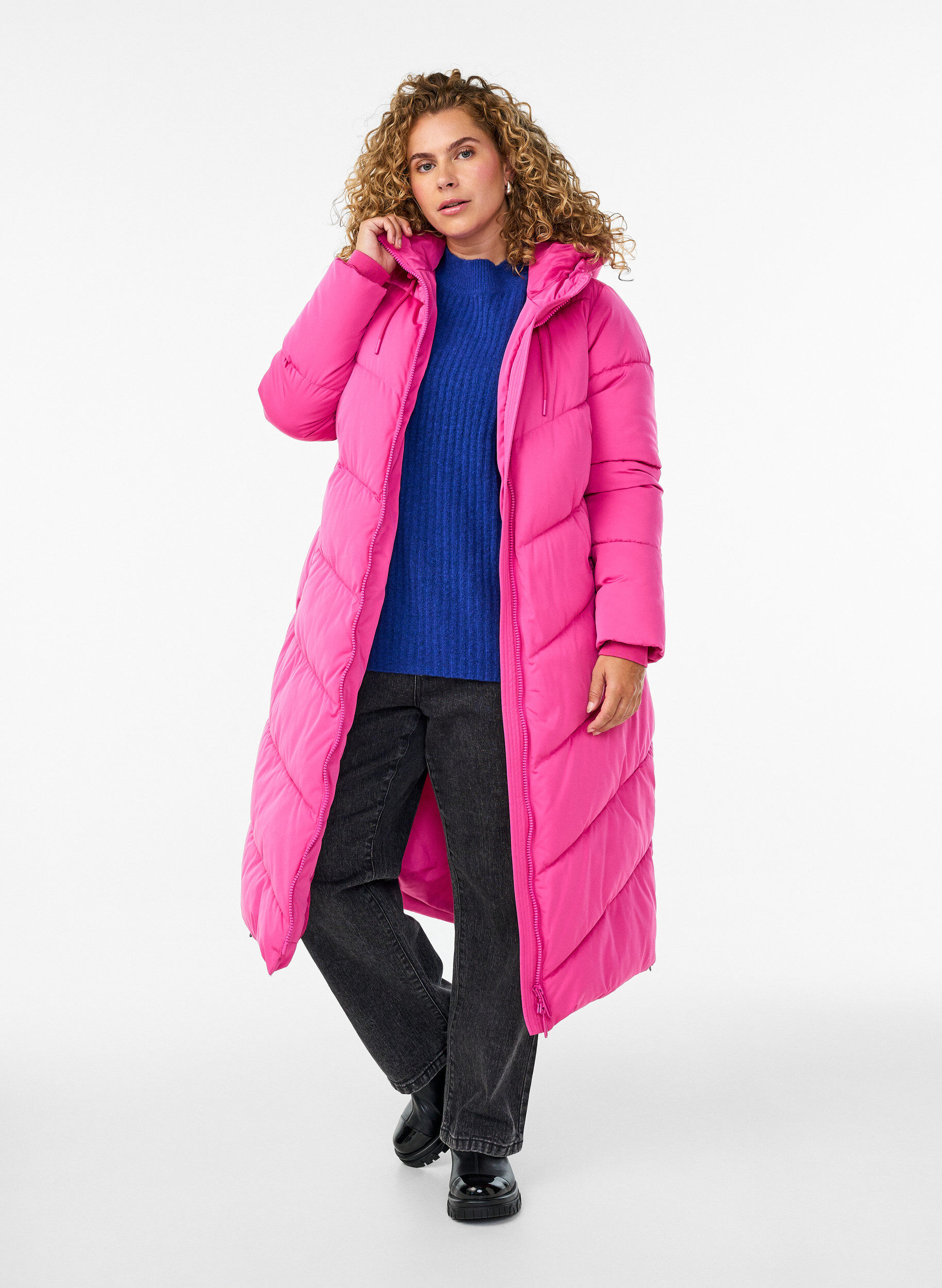 ZizziLange pufferjas met capuchon en zakken, Roze, Model image number 0