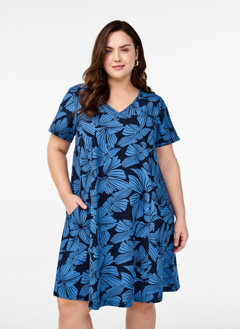 Korte a-lijn jurk met bloemenprint, Blauw, Model image number 0