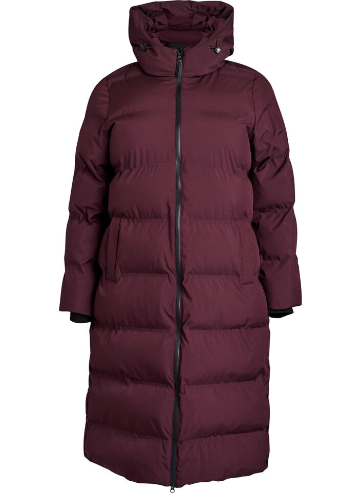 Lange puffer winterjas met capuchon, Donker Bordeaux, Packshot image number 0