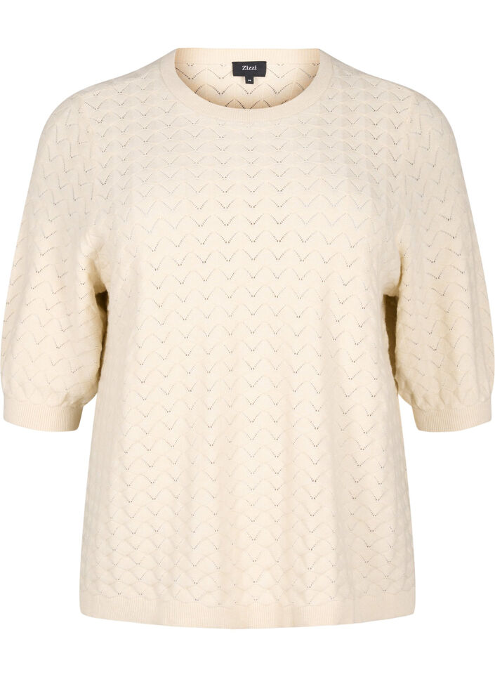 Gebreide blouse met opengewerkt patroon en korte mouwen, Birch Mel., Packshot