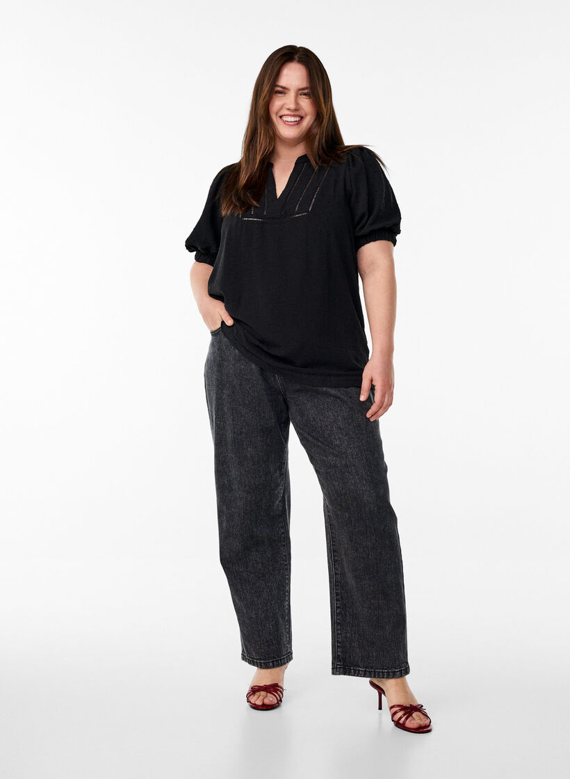 Blouse met korte pofmouwen en gestippelde textuur, Black, Model image number 2