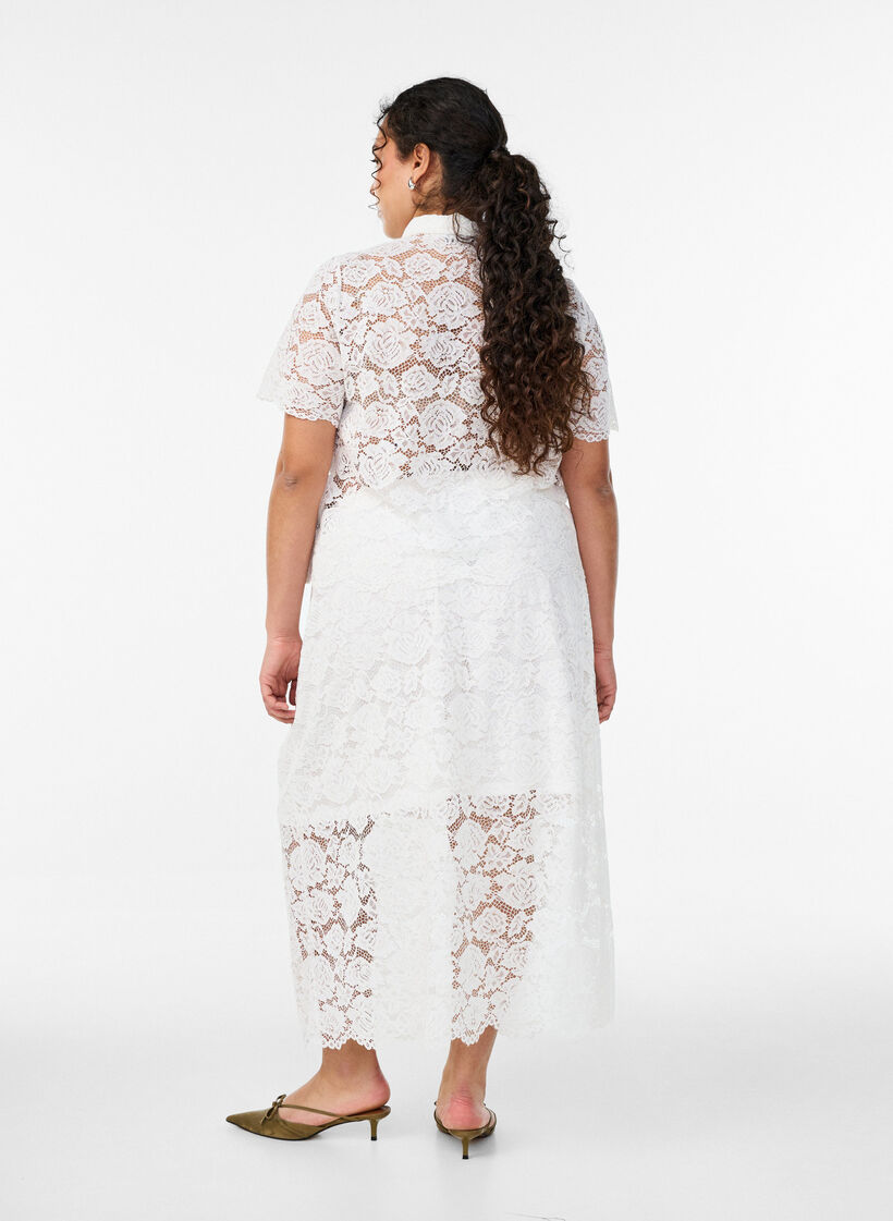 Kanten midirok met een elastische tailleband, Wit, Model image number 2