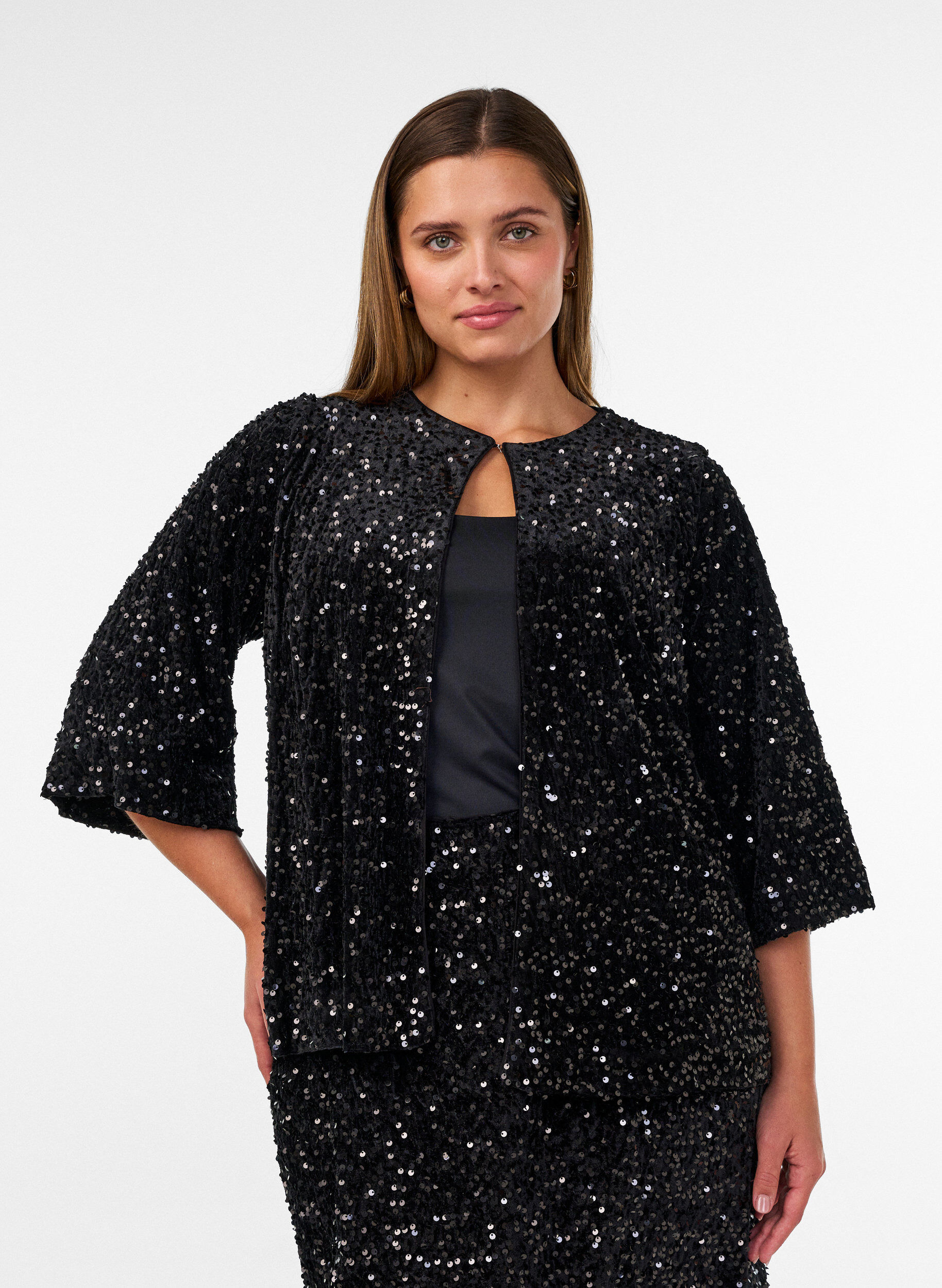 Cardigan met pailletten en 3/4-mouwen, Zwart, Model