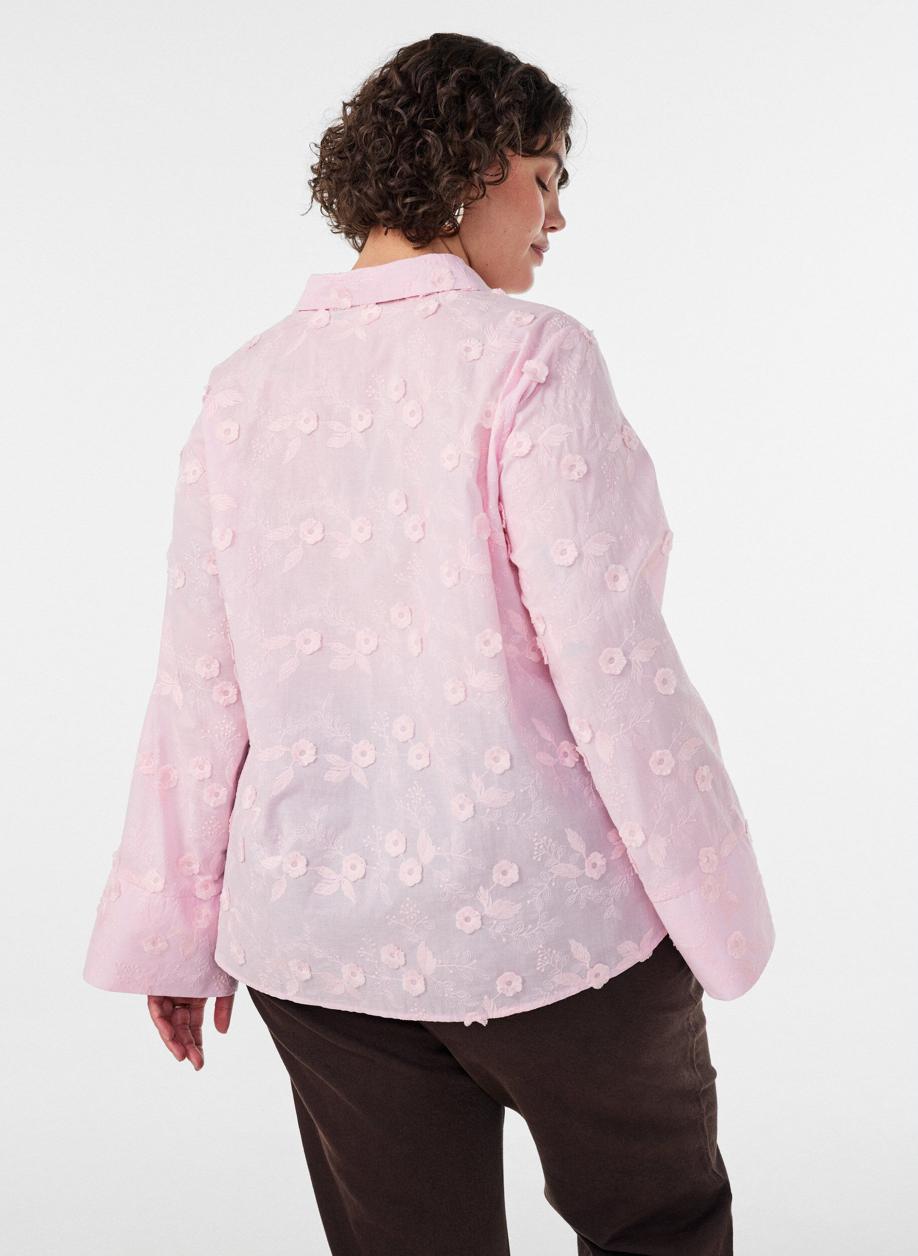 ZizziShirt met bloemenborduursel en wijde mouwen, Roze, Model image number 2