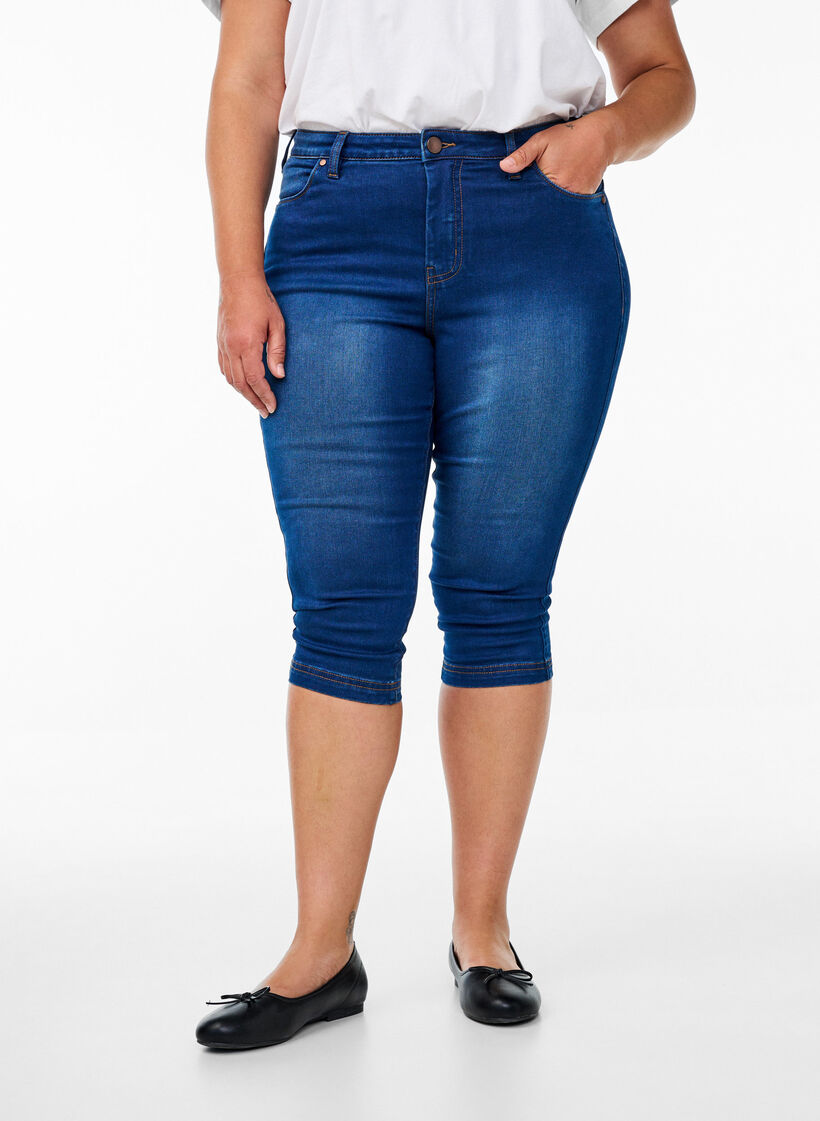 High waist Amy capri jeans met super slim fit, Blauw, Model image number 2