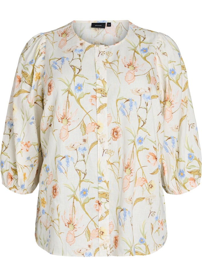 Shirtblouse in linnen en viscose met 3/4-mouwen, Vanille, Packshot image number 0