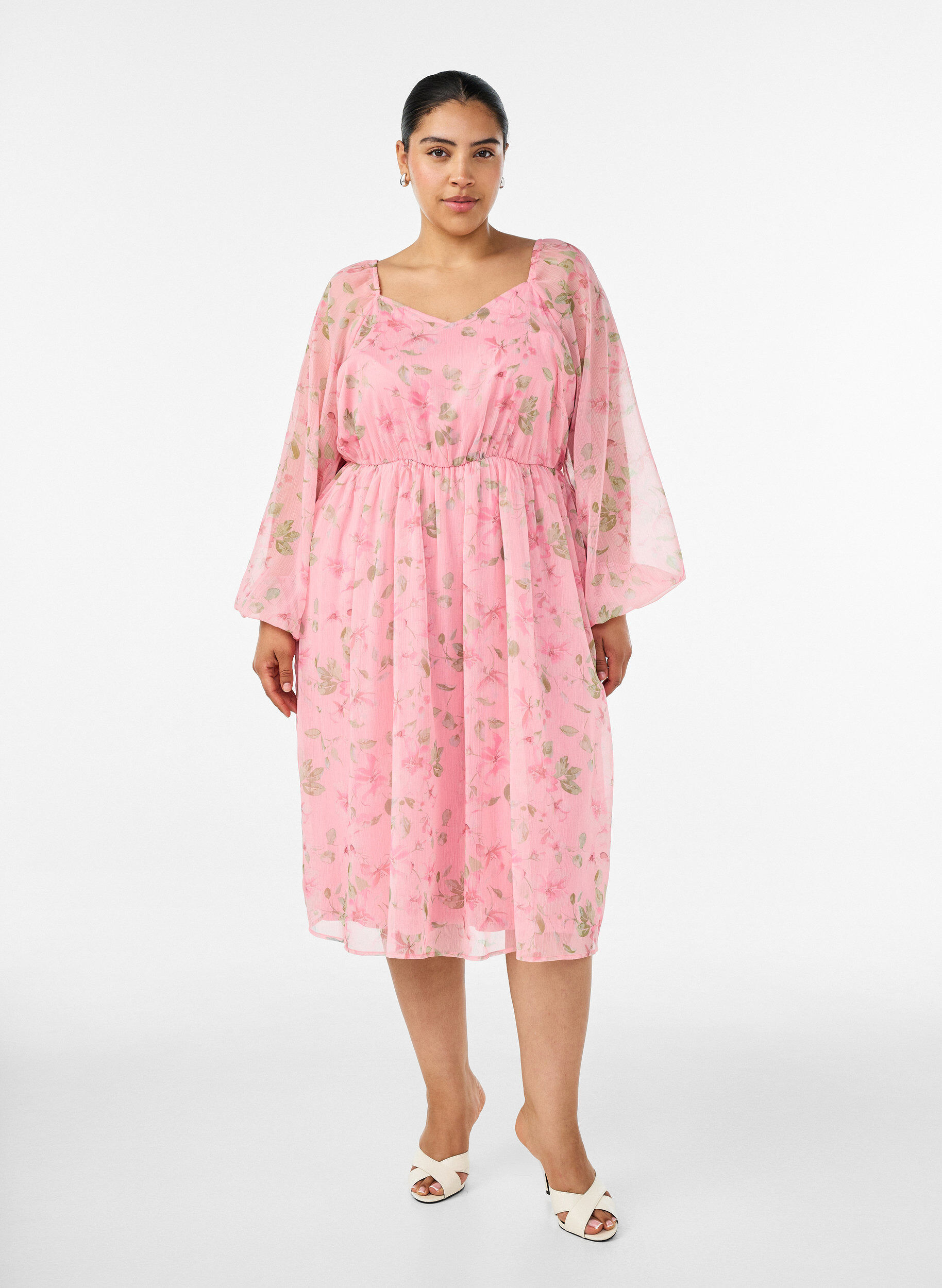 Chiffon feestjurk met lange mouwen, Roze, Model