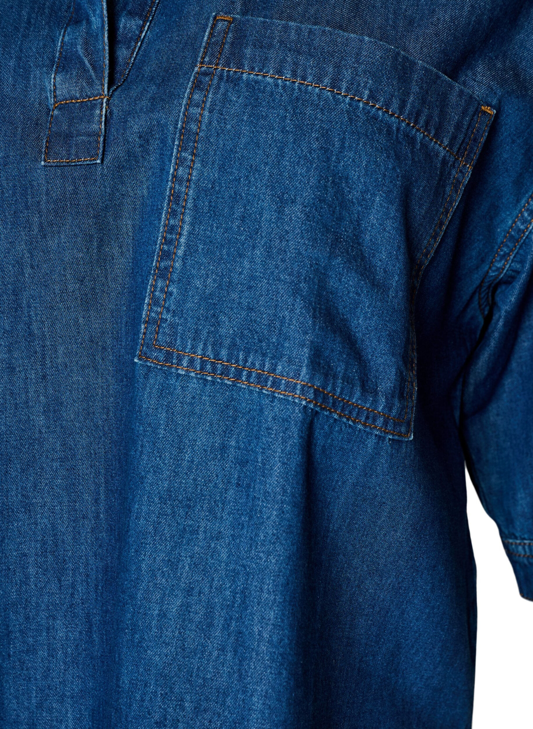 ZizziDenimblouse met borstzak en mouwen tot de elleboog, Blauw, Packshot image number 2