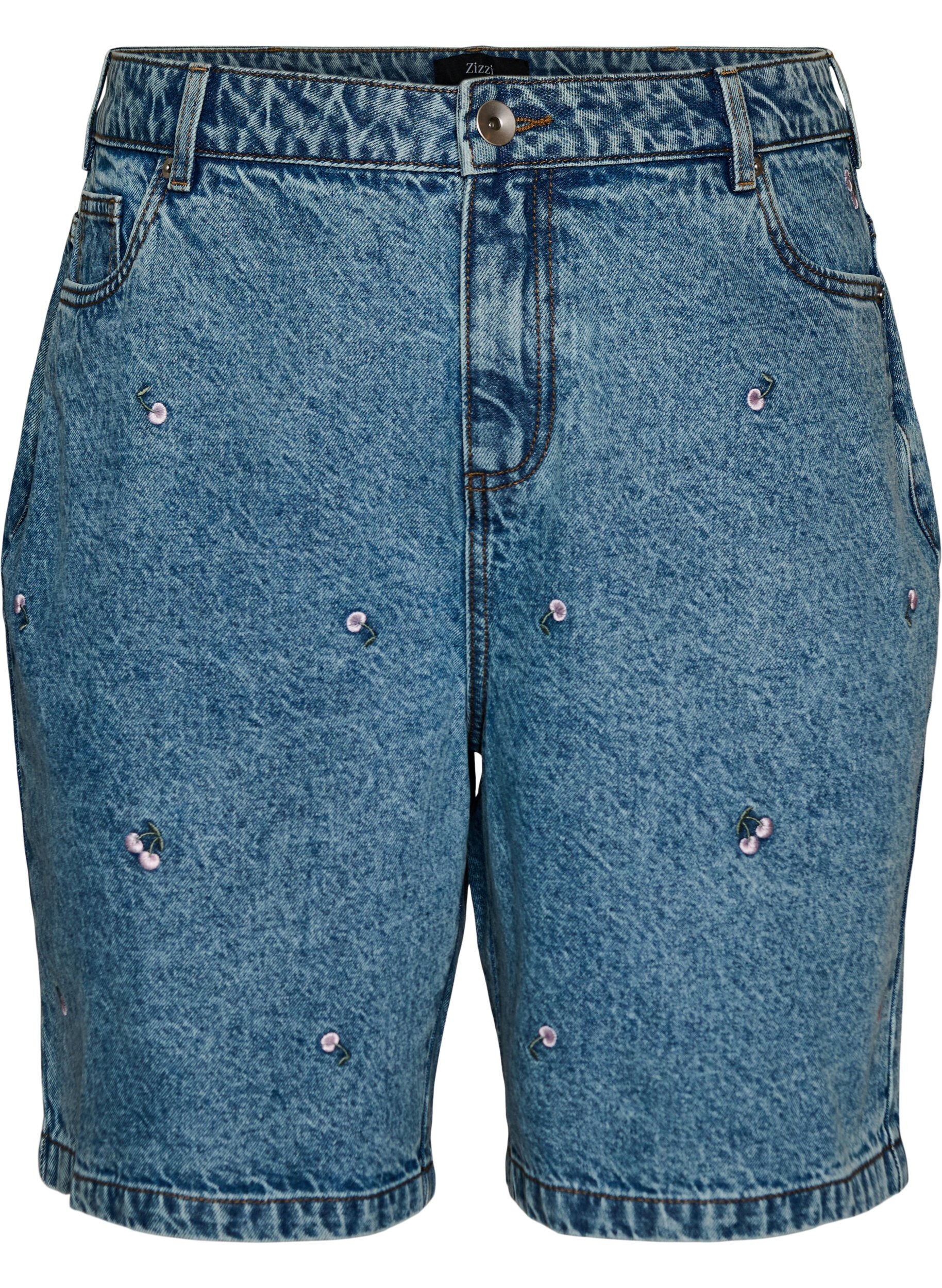 Short en jean taille haute avec des motifs brod&eacute;s