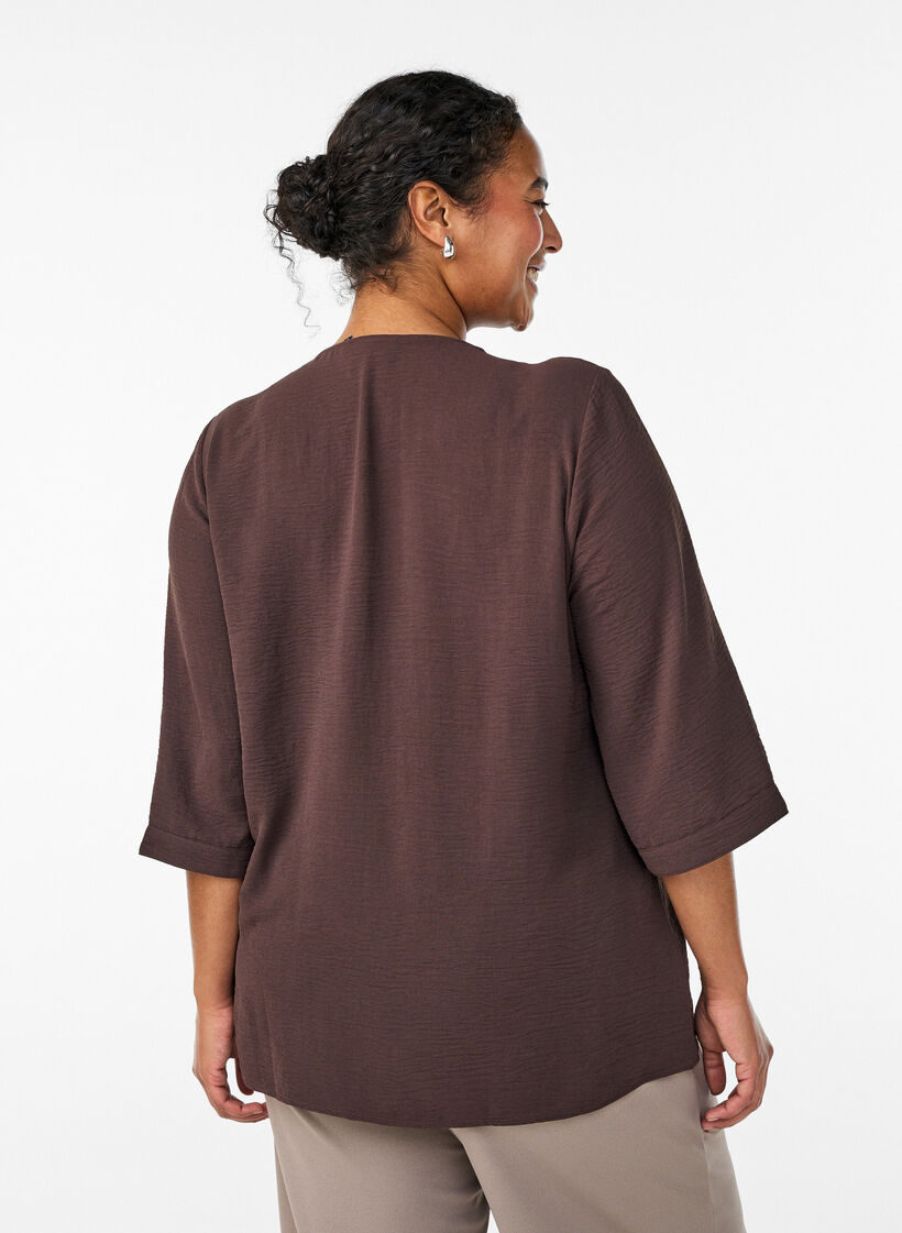 Shirtblouse met V-hals en 3/4 mouwen, Bruin, Model image number 2