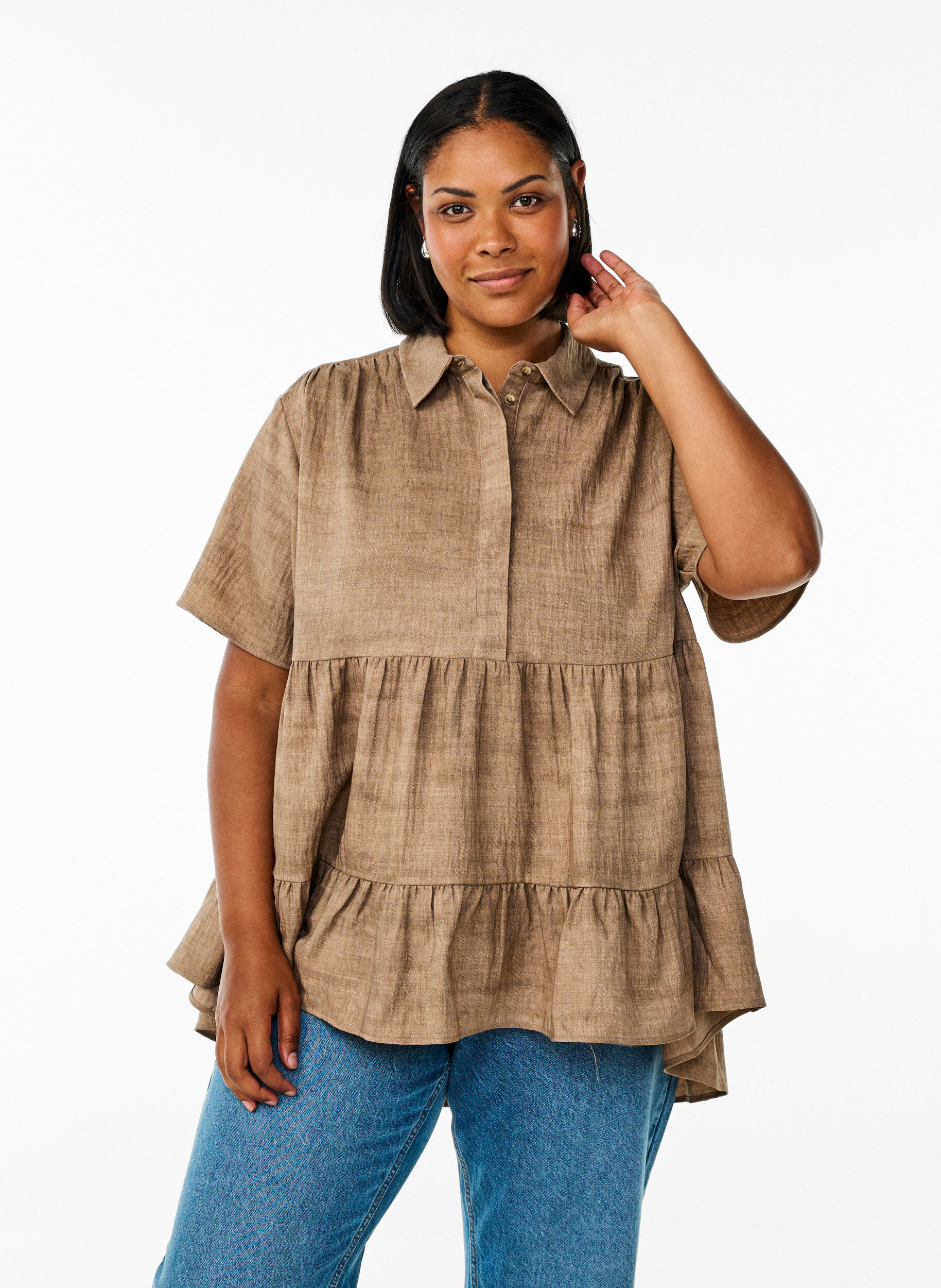 ZizziLosse blouse met kraag en knopen, Bruin, Model image number 0
