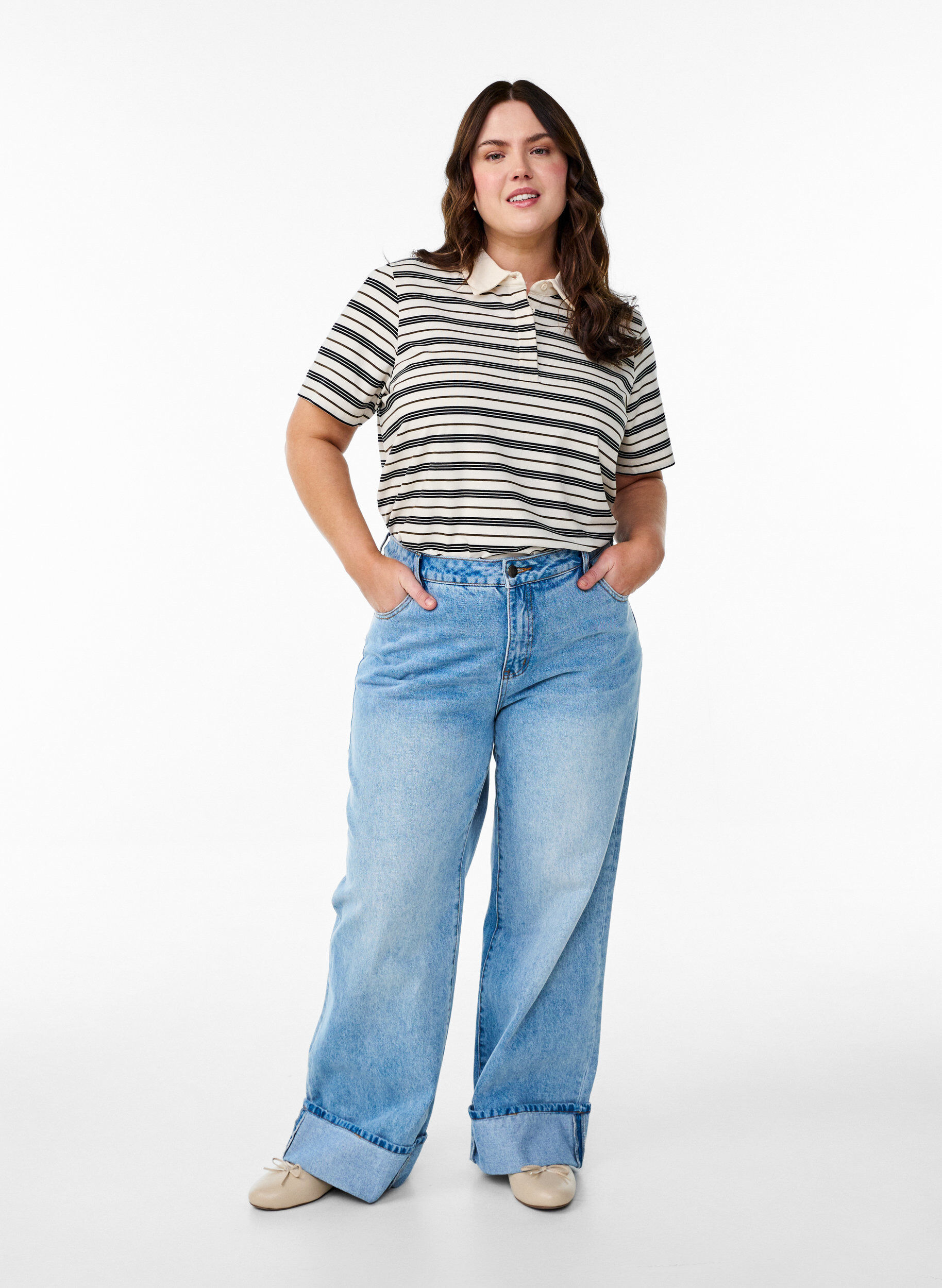 ZizziGestreepte poloshirt met korte mouwen, Wit, Model image number 1