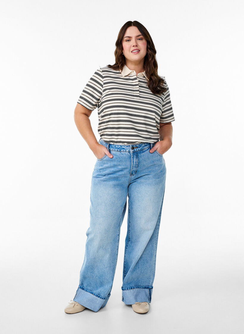 Gestreepte poloshirt met korte mouwen, Wit, Model image number 1