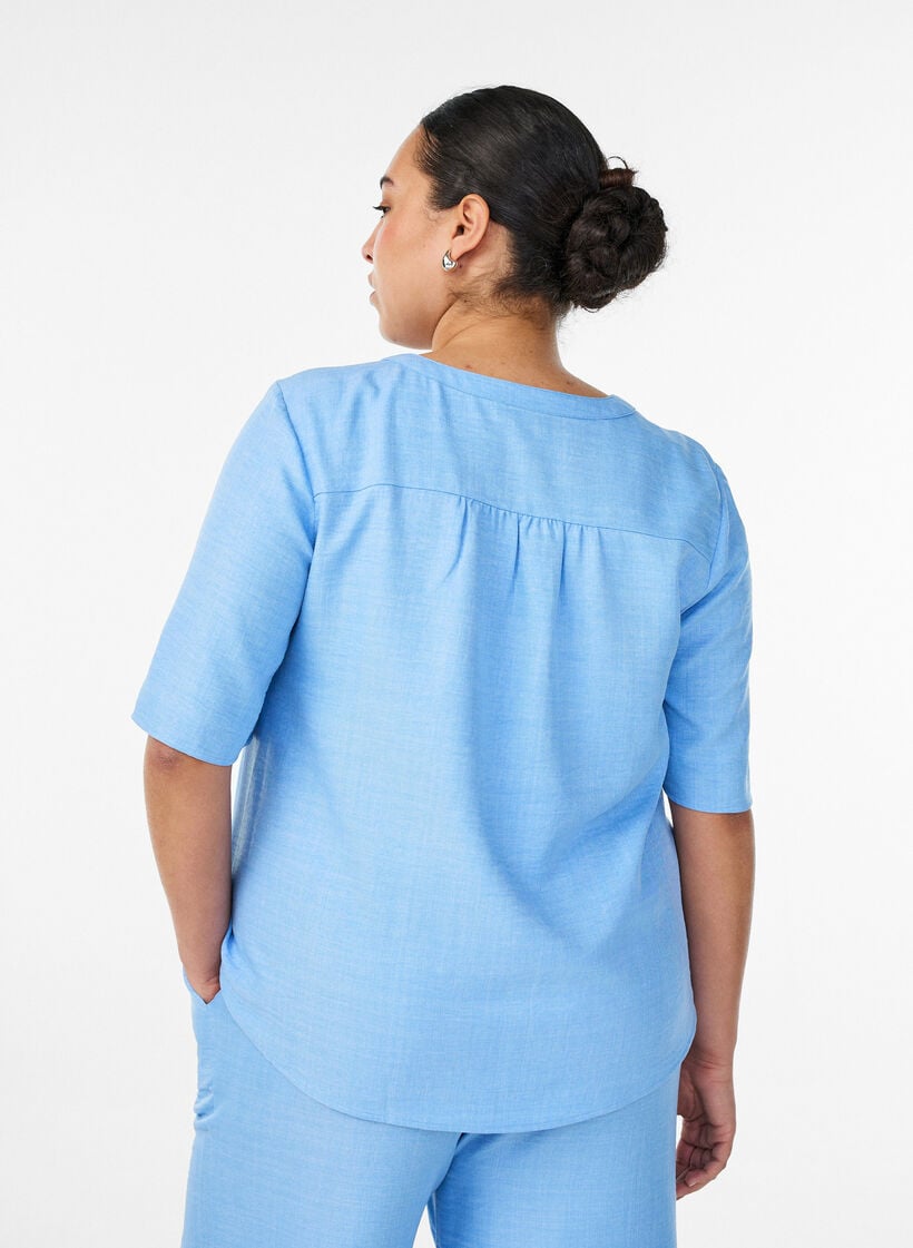 Overhemd blouse met V-hals en korte mouwen, Blauw, Model image number 2
