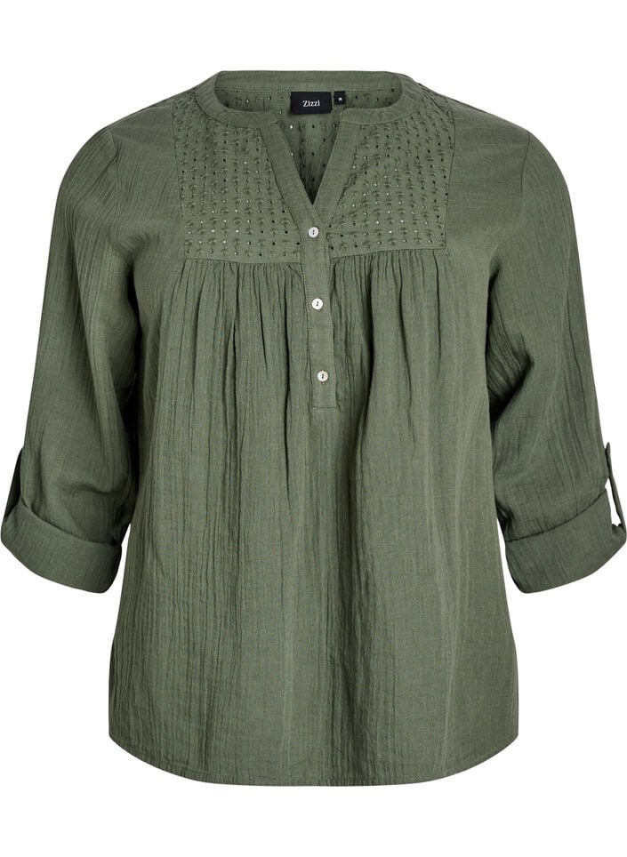 Blouse in katoenen mousseline met broderie anglaise, Groen, Packshot image number 0