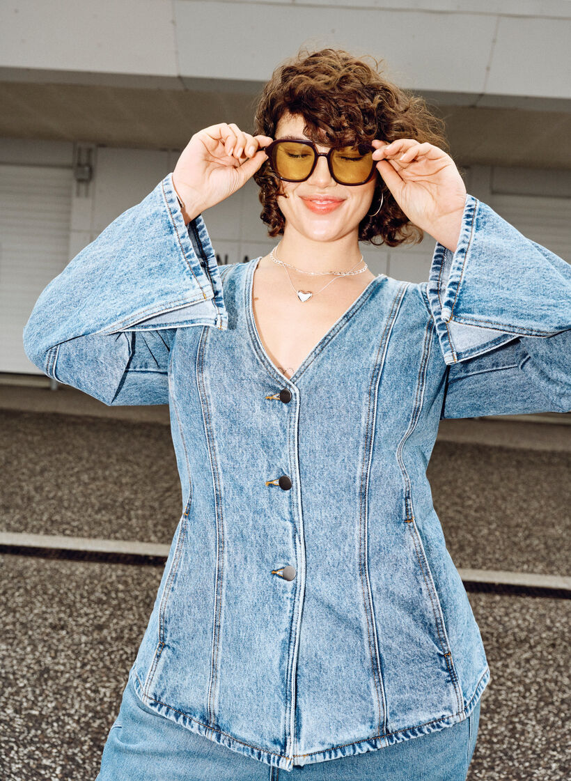 Denimjack met vormende naden en een V-hals, Blauw, Image